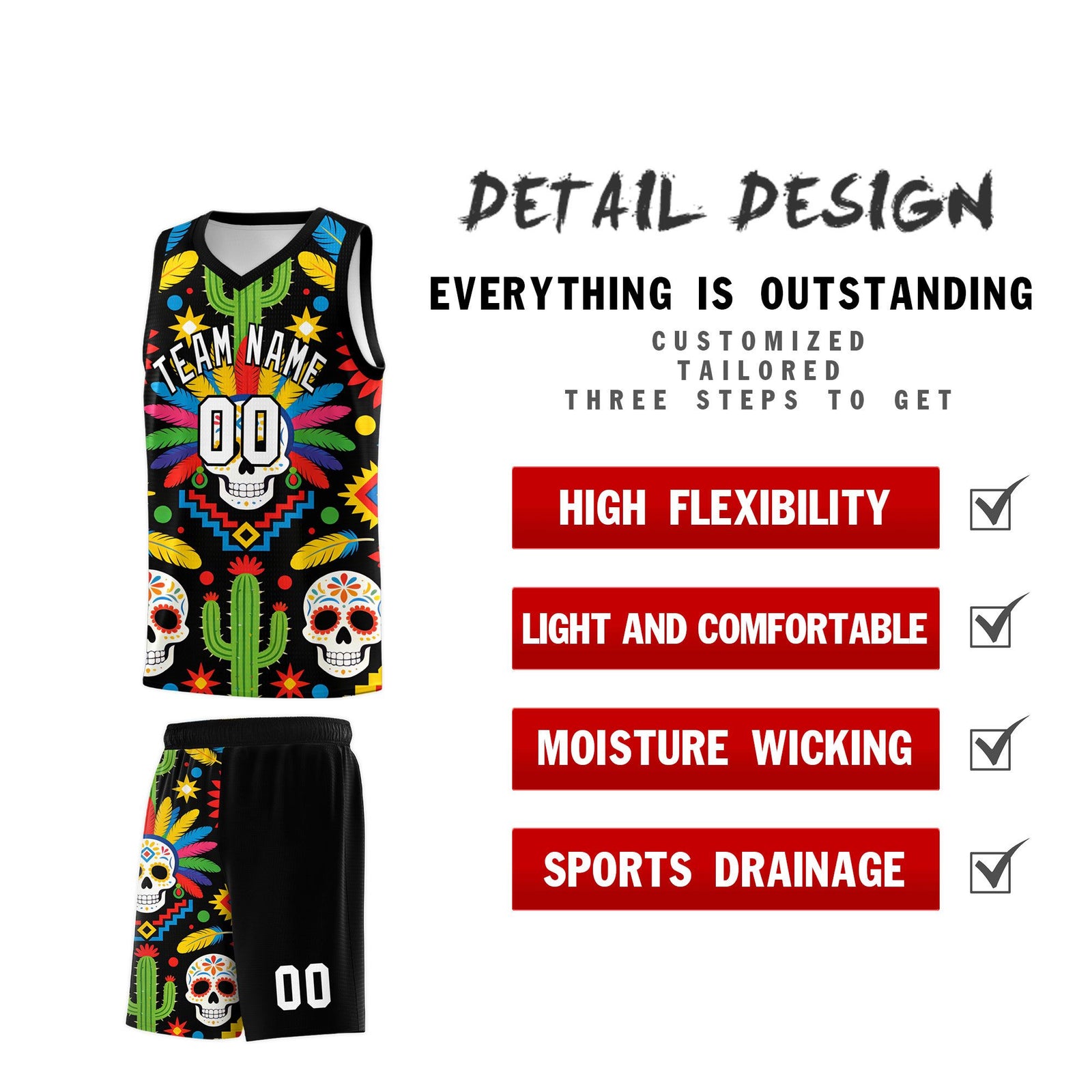 Custom Black Skeleton Mexican Colors Graffiti Patterns Sublimation Printing Uniform Basketball Jersey