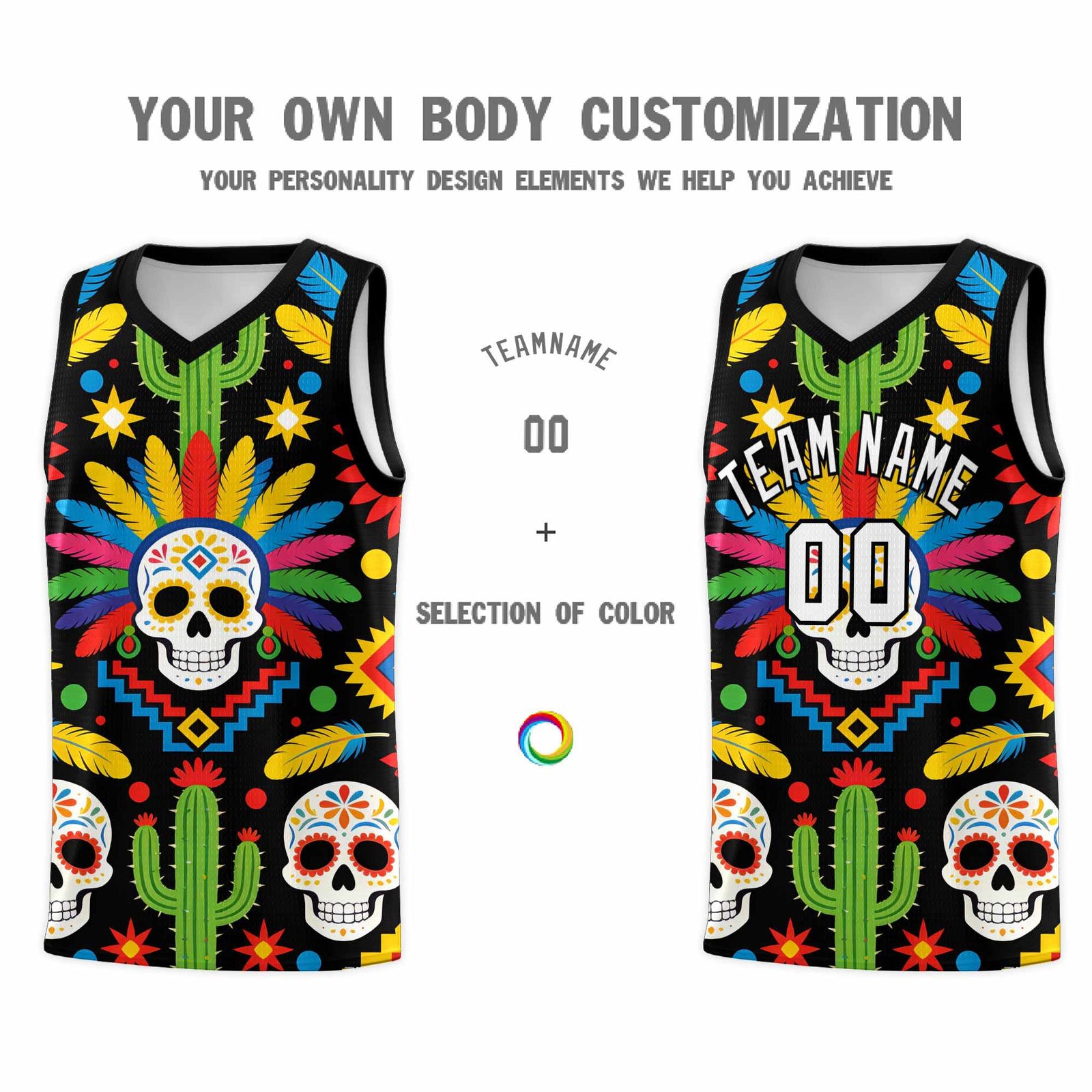 Custom Black Skeleton Mexican Colors Graffiti Patterns Quick-Drying Uniform Basketball Jersey