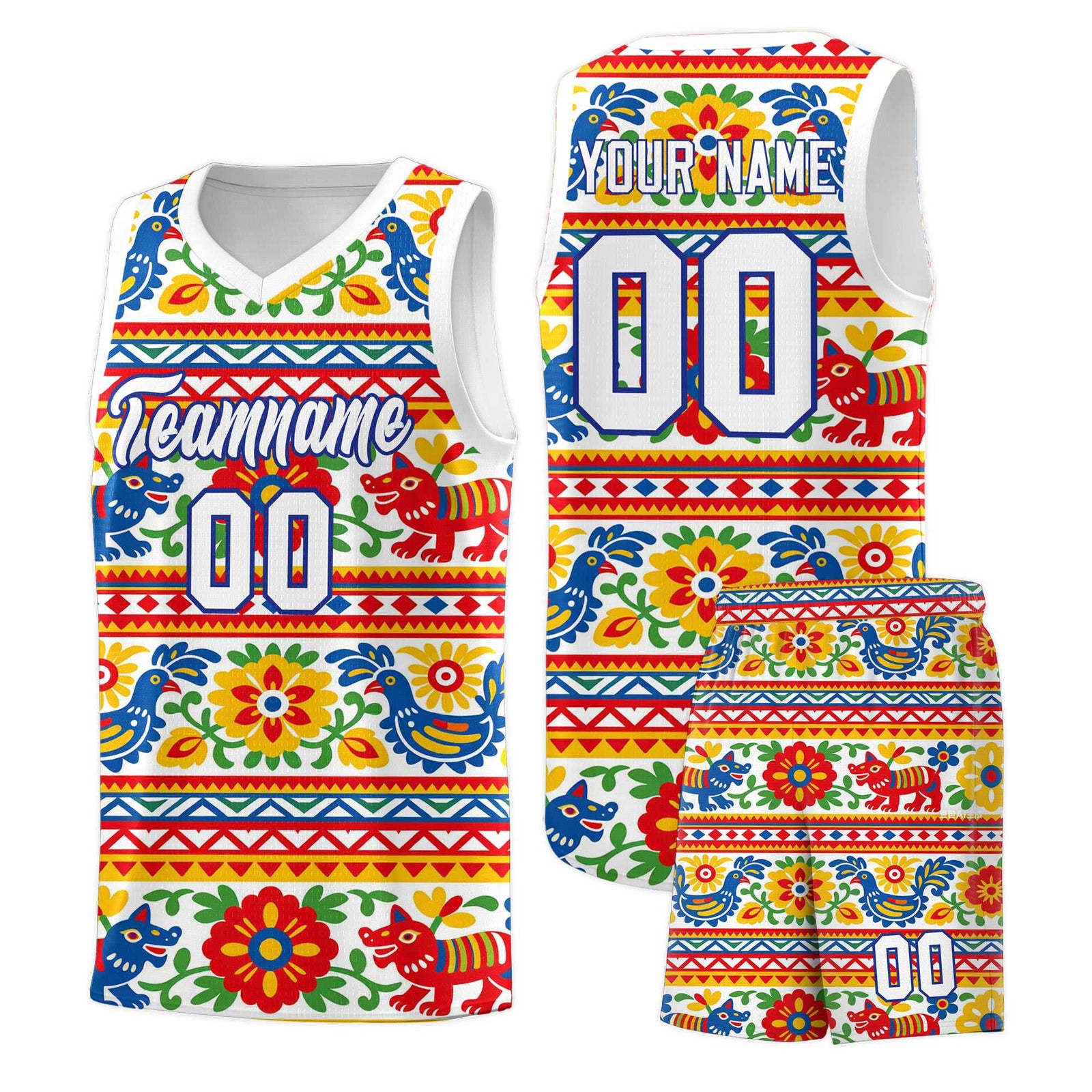 Custom White Colorfulflower pattern Mexican Colors Graffiti Patterns Quick-Drying Uniform Basketball Jersey