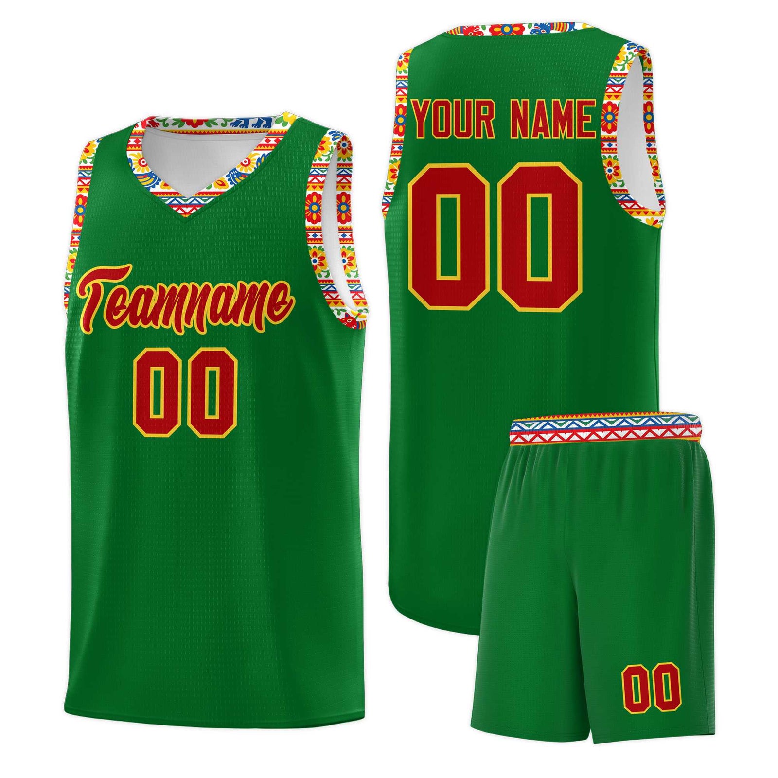 Custom Kelly Green Colorfulflower pattern Mexican Colors Graffiti Patterns Lightweight Uniform Basketball Jersey
