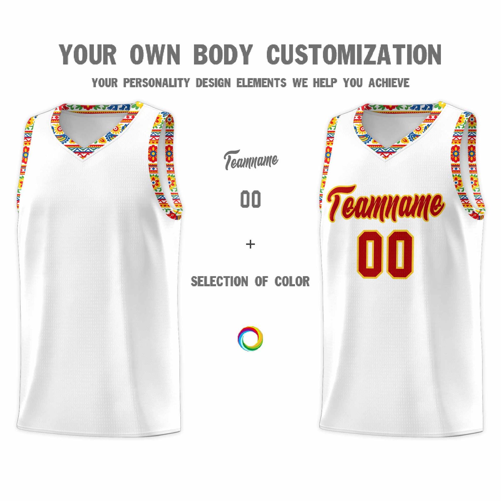 Custom White Colorfulflower pattern Mexican Colors Graffiti Patterns Wrinkle-Resistant Uniform Basketball Jersey