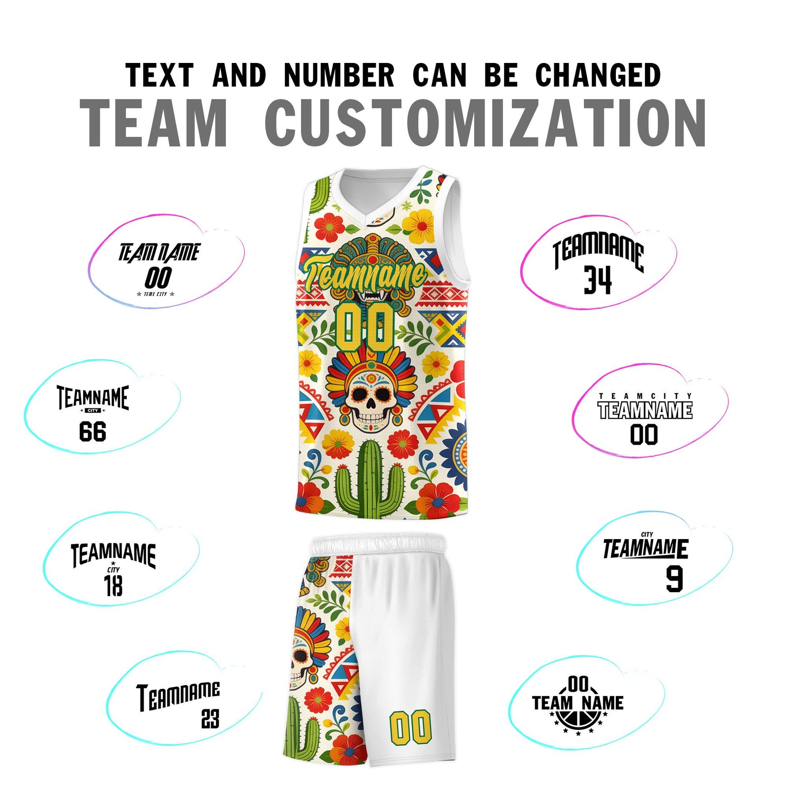 Custom White Skeleton Mexican Colors Graffiti Patterns Sublimation Printing Uniform Basketball Jersey