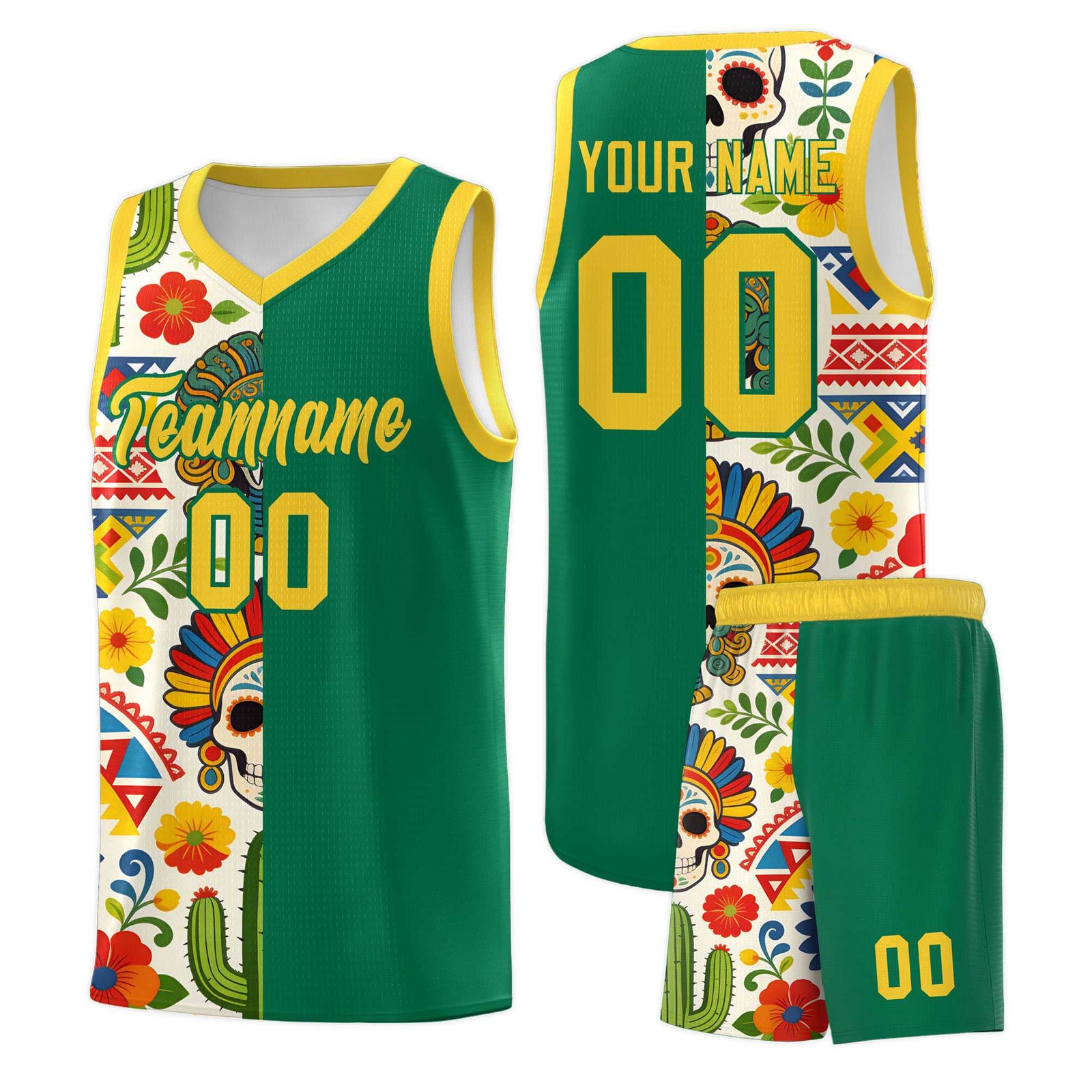 Custom Kelly Green Skeleton Mexican Colors Graffiti Patterns Quick-Drying Uniform Basketball Jersey