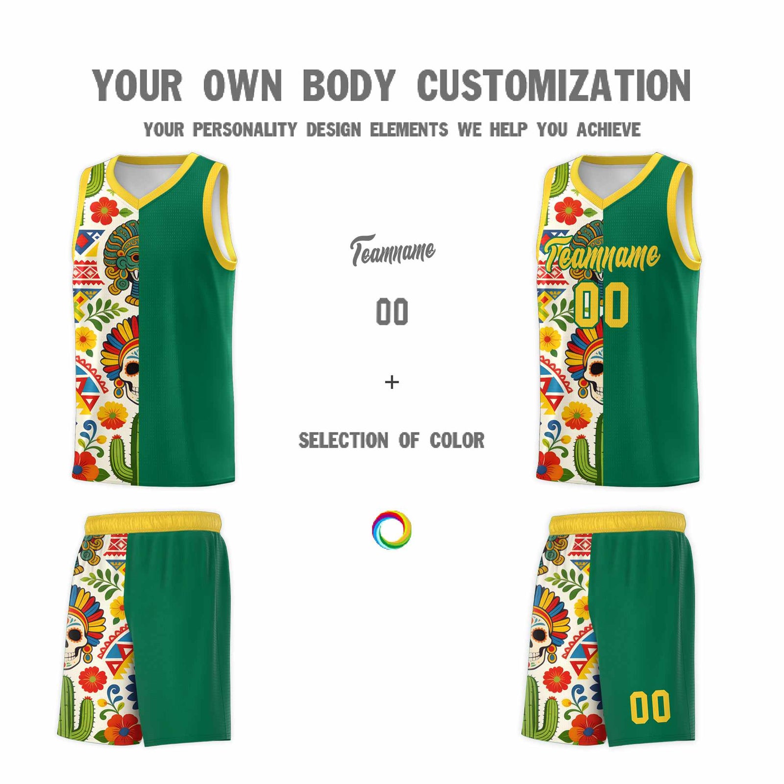 Custom Kelly Green Skeleton Mexican Colors Graffiti Patterns Quick-Drying Uniform Basketball Jersey