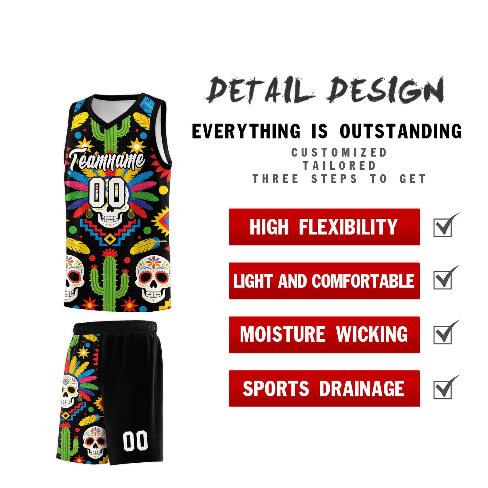 Custom Black Skeleton Mexican Colors Graffiti Patterns Sublimation Printing Uniform Basketball Jersey