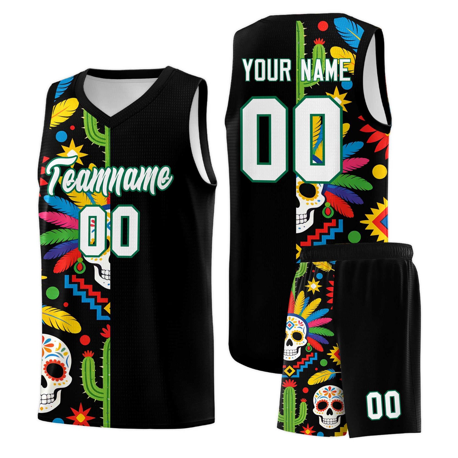 Custom Black Skeleton Mexican Colors Graffiti Patterns Breathable Uniform Basketball Jersey