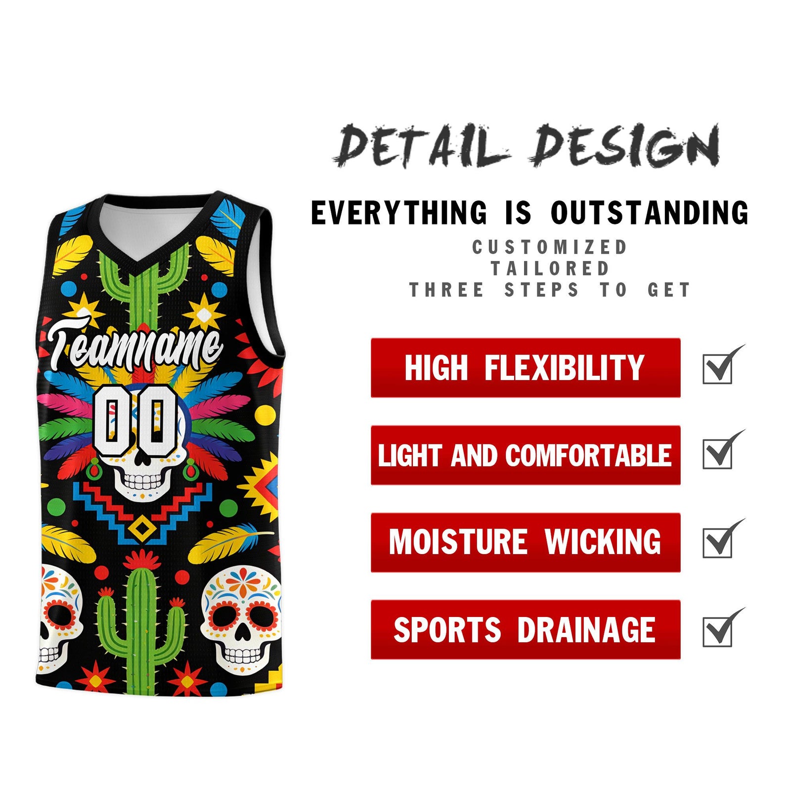 Custom Black Skeleton Mexican Colors Graffiti Patterns Quick-Drying Uniform Basketball Jersey