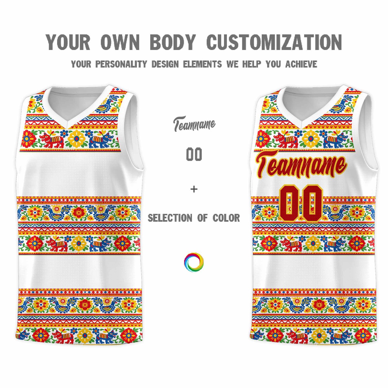 Custom White Colorfulflower pattern Mexican Colors Graffiti Patterns Quick-Drying Uniform Basketball Jersey