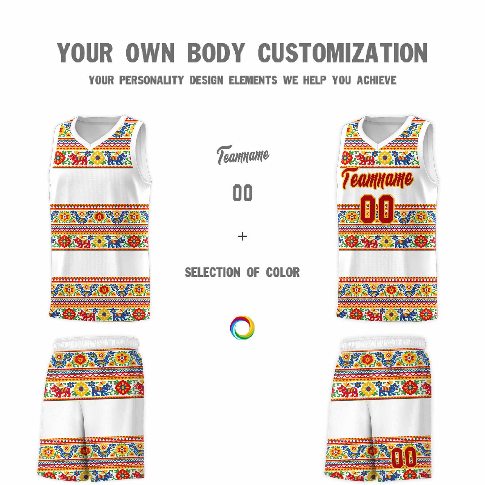 Custom White Colorfulflower pattern Mexican Colors Graffiti Patterns Quick-Drying Uniform Basketball Jersey