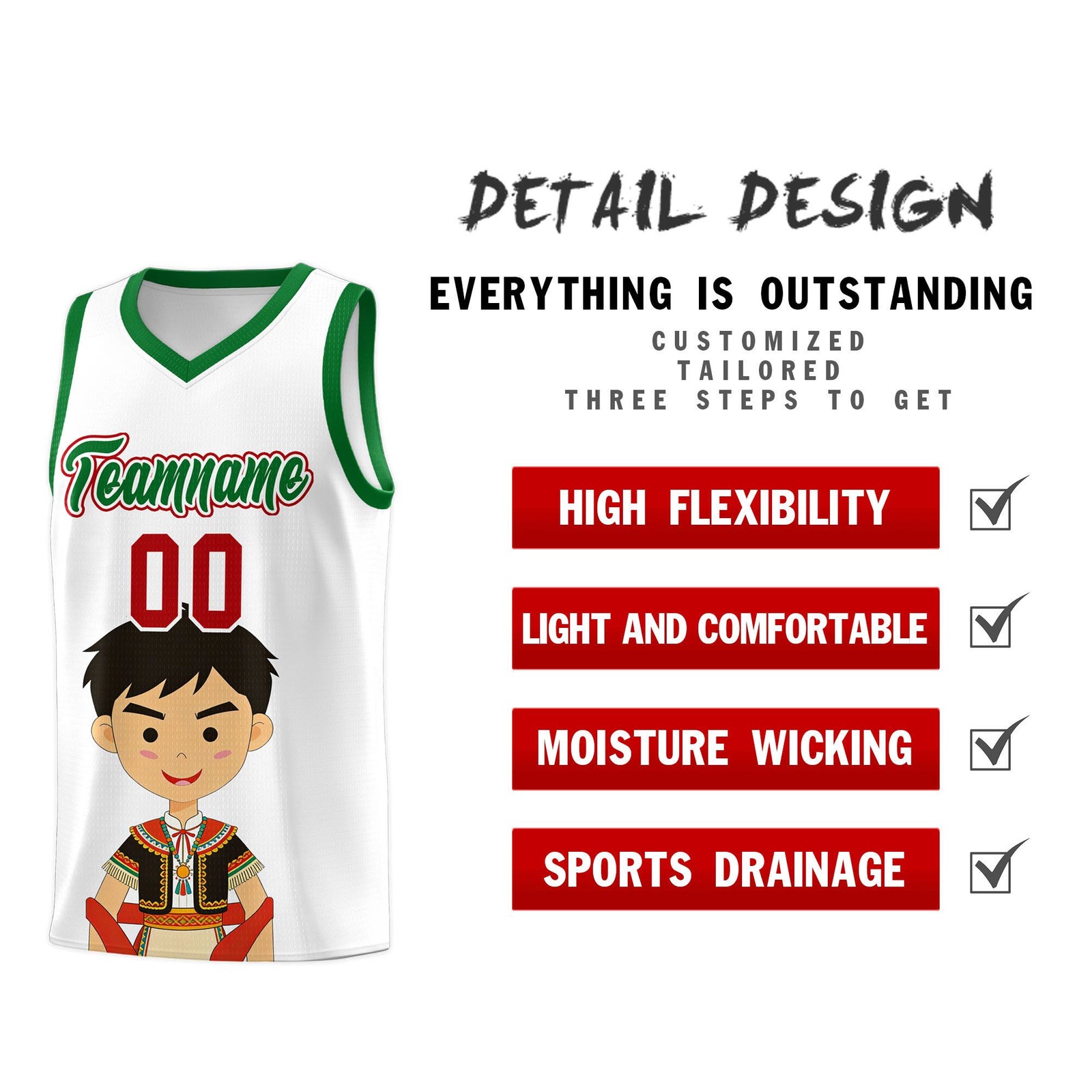 Custom White Kelly Green Mexican Colors Graffiti Patterns Breathable Uniform Basketball Jersey