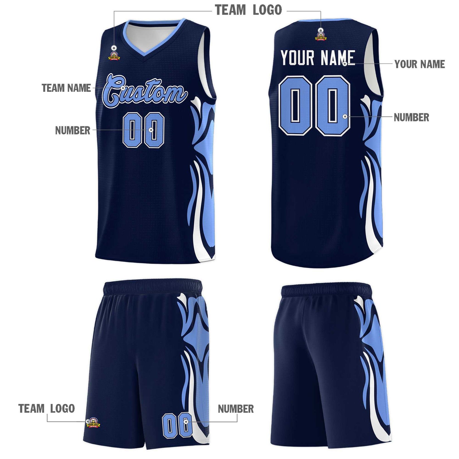 Custom Navy Light Blue-White Graffiti Pattern Side Curve Pattern Sports Uniform Basketball Jersey Sets