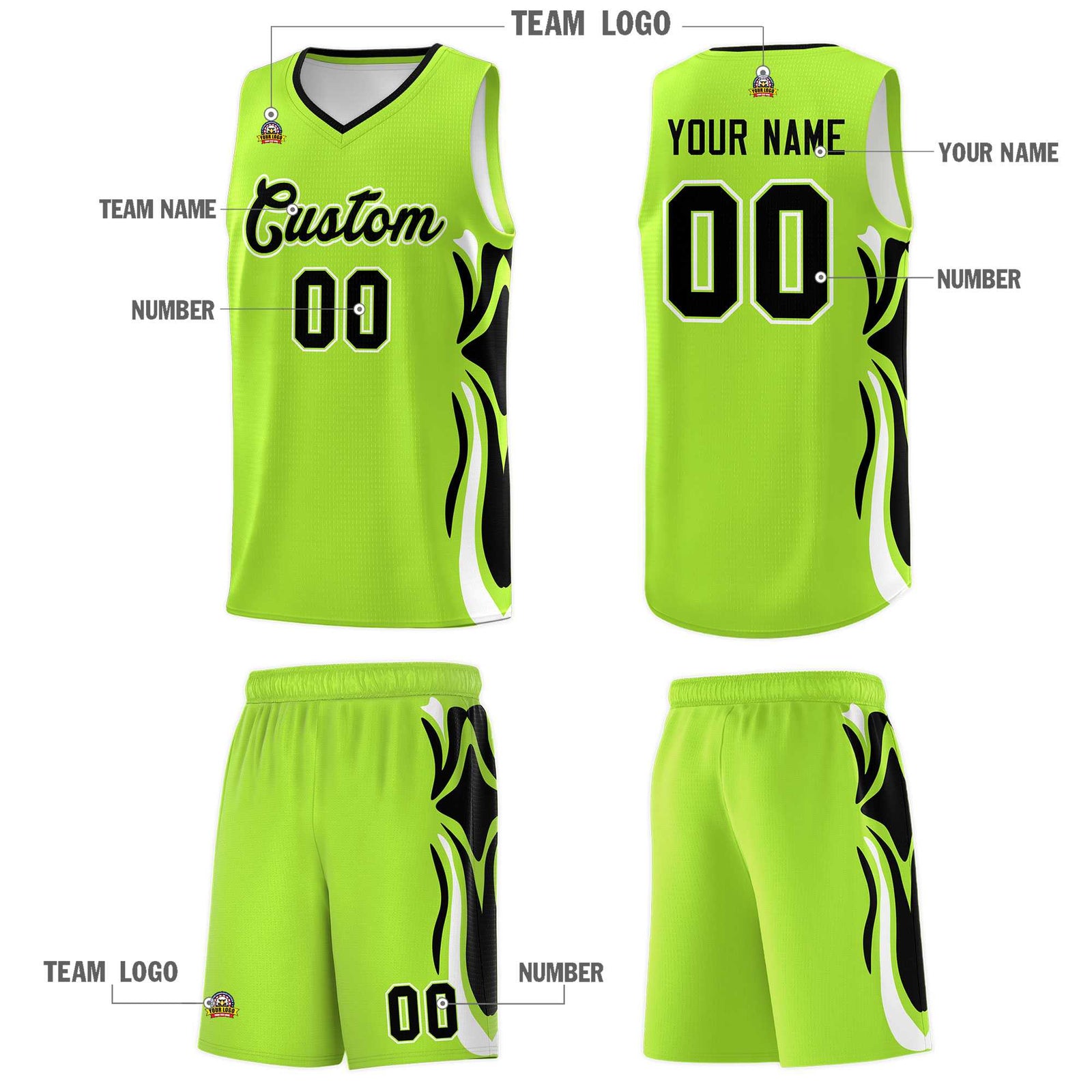 Custom Light Green Black-White Graffiti Pattern Side Curve Pattern Sports Uniform Basketball Jersey Sets
