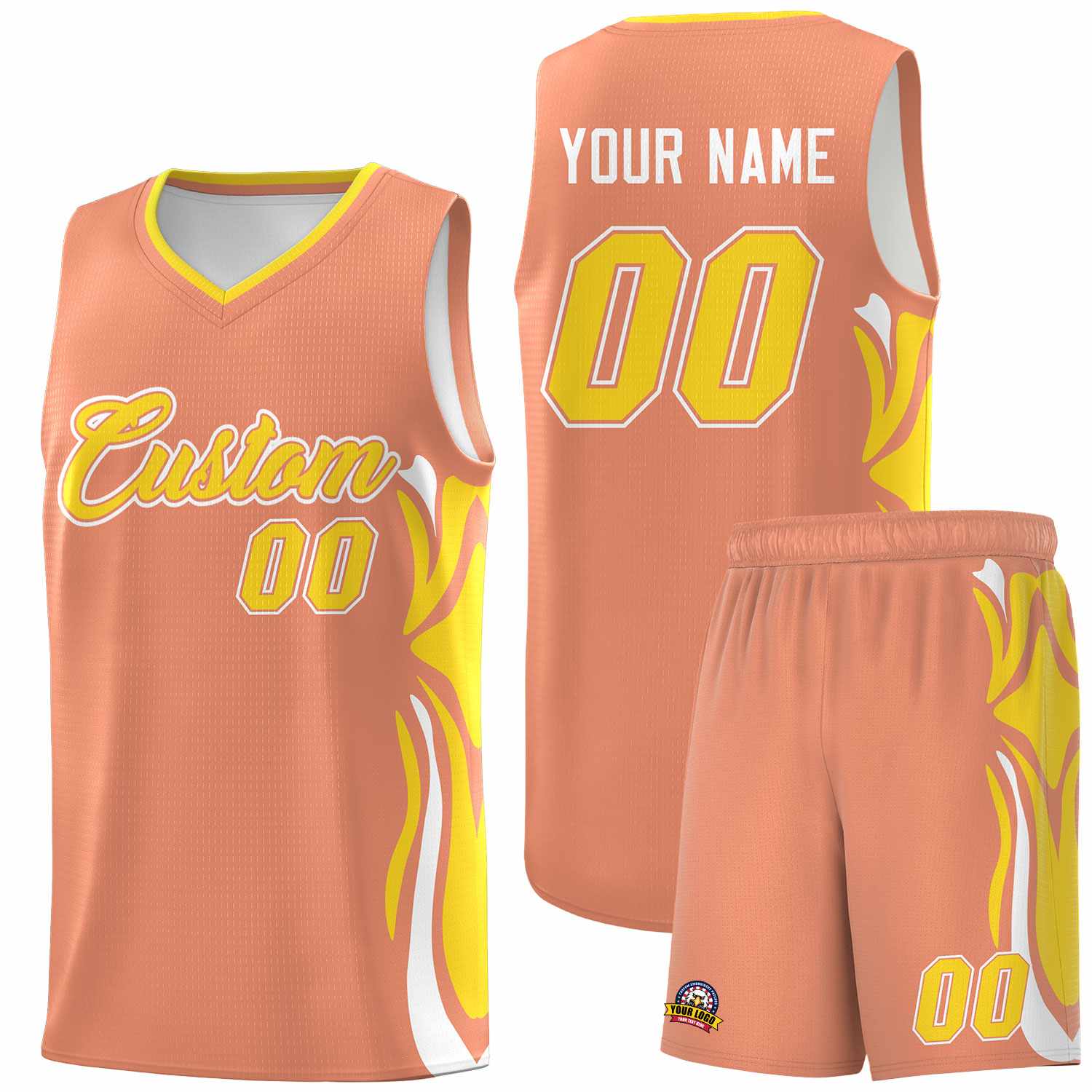 Custom Light Orange Gold-White Graffiti Pattern Side Curve Pattern Sports Uniform Basketball Jersey Sets