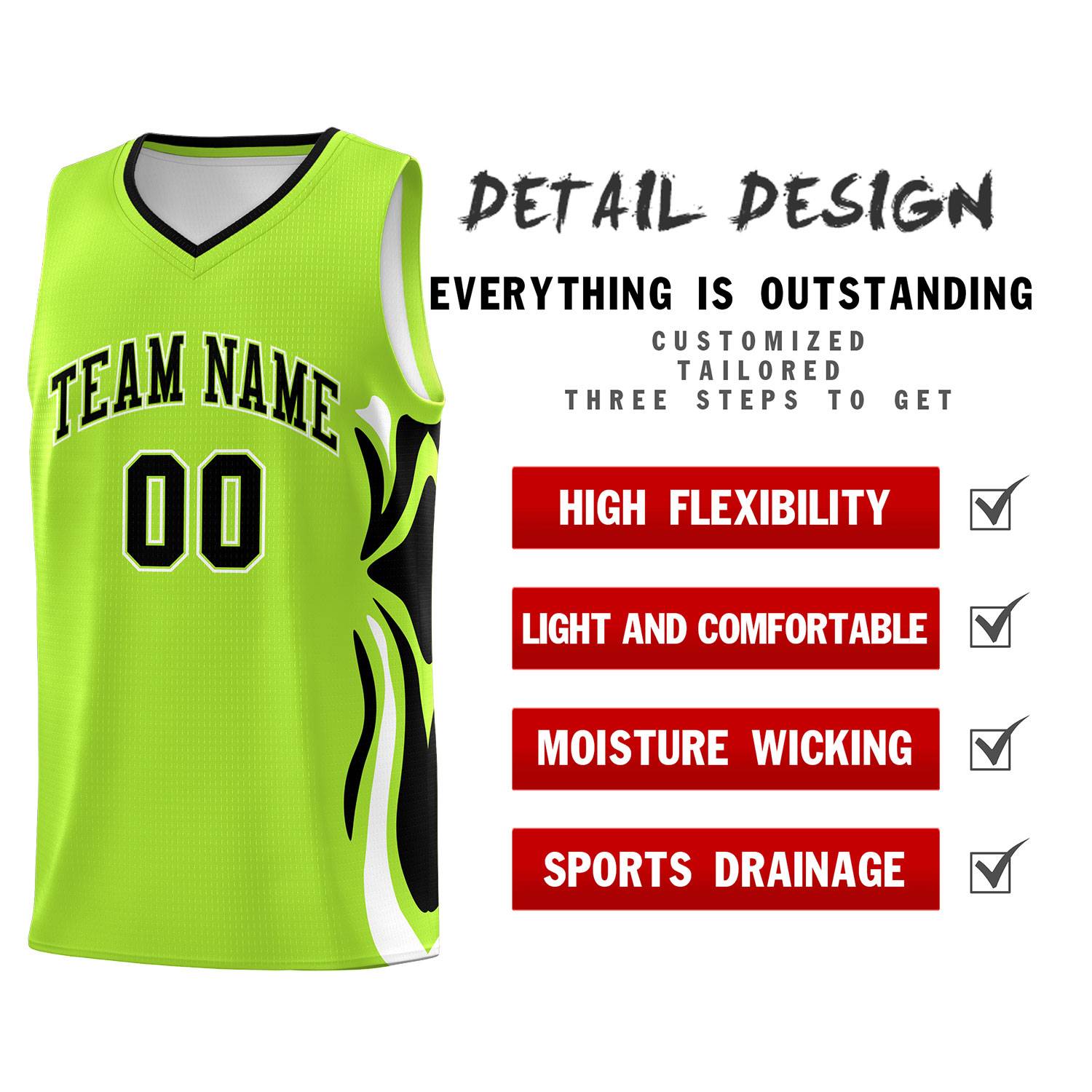 Custom Light Green Black-White Graffiti Pattern Side Curve Pattern Sports Uniform Basketball Jersey Sets