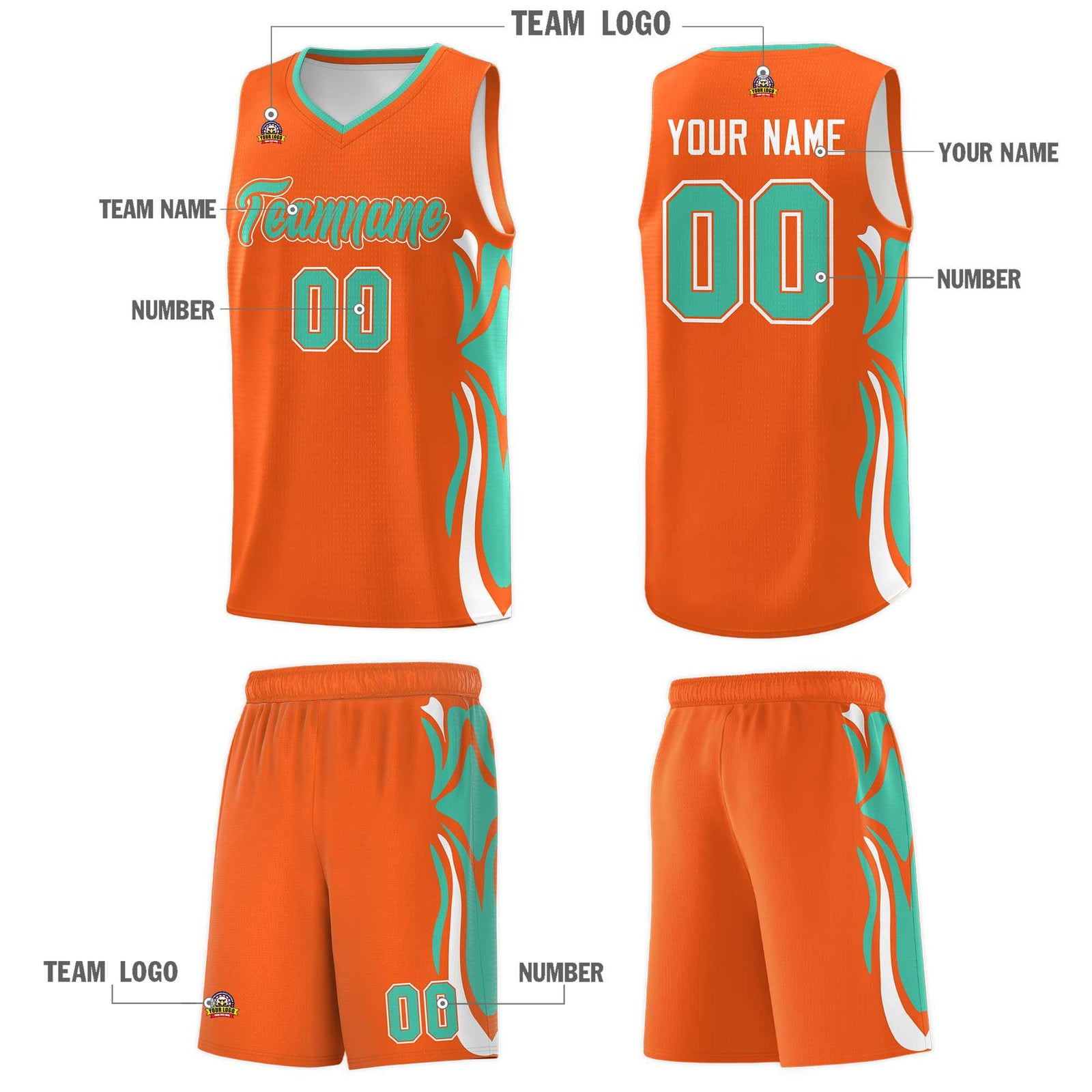Custom Orange Bright Green-White Graffiti Pattern Side Curve Pattern Sports Uniform Basketball Jersey Sets