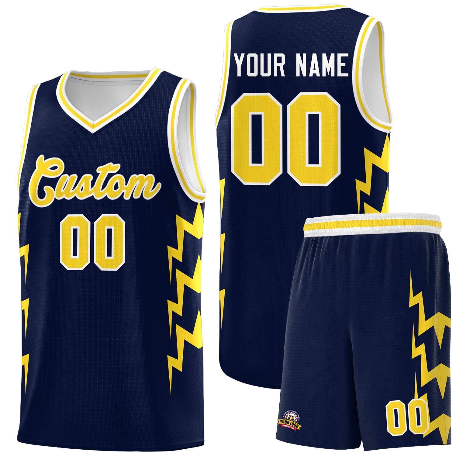 Custom Navy Side Lightning Pattern Sports Uniform Basketball Jersey