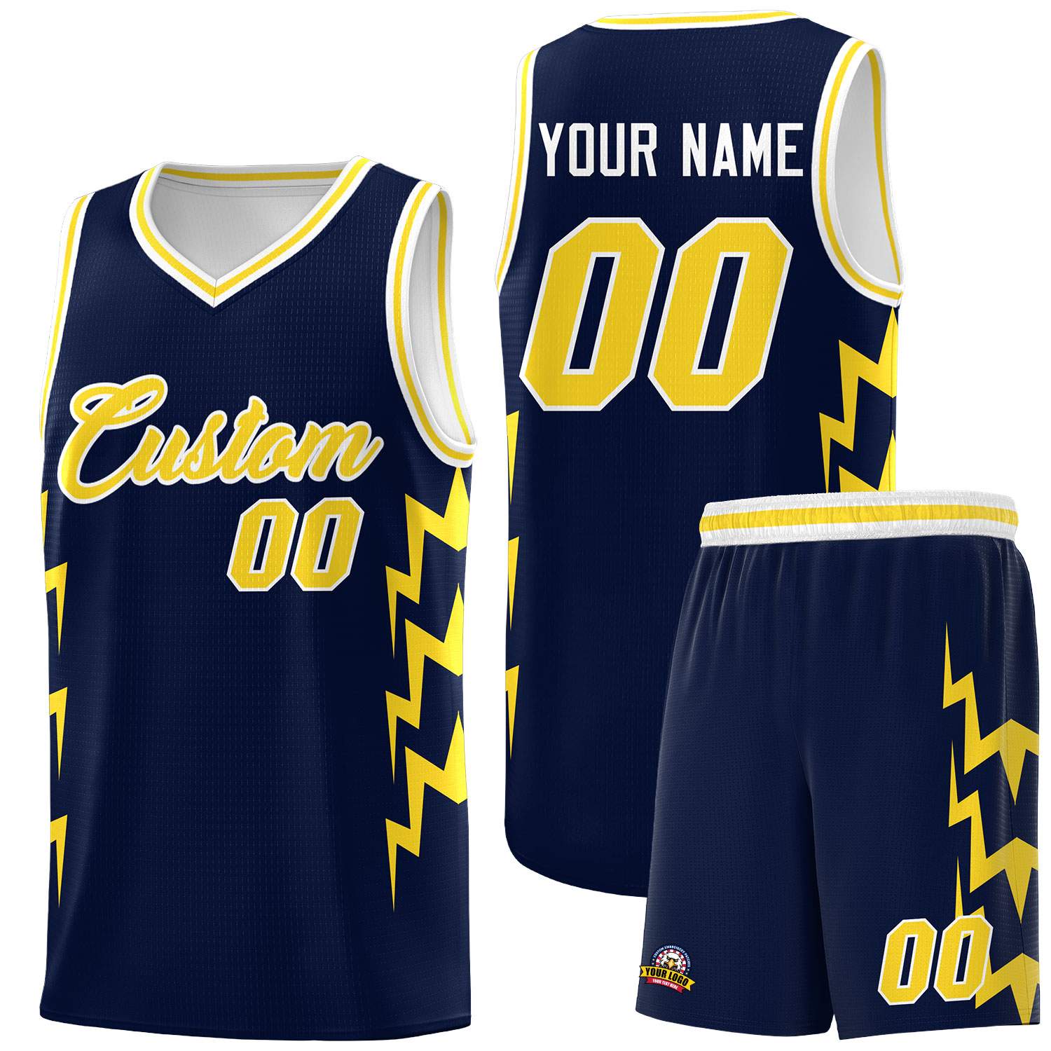 Custom Navy Side Lightning Pattern Sports Uniform Basketball Jersey