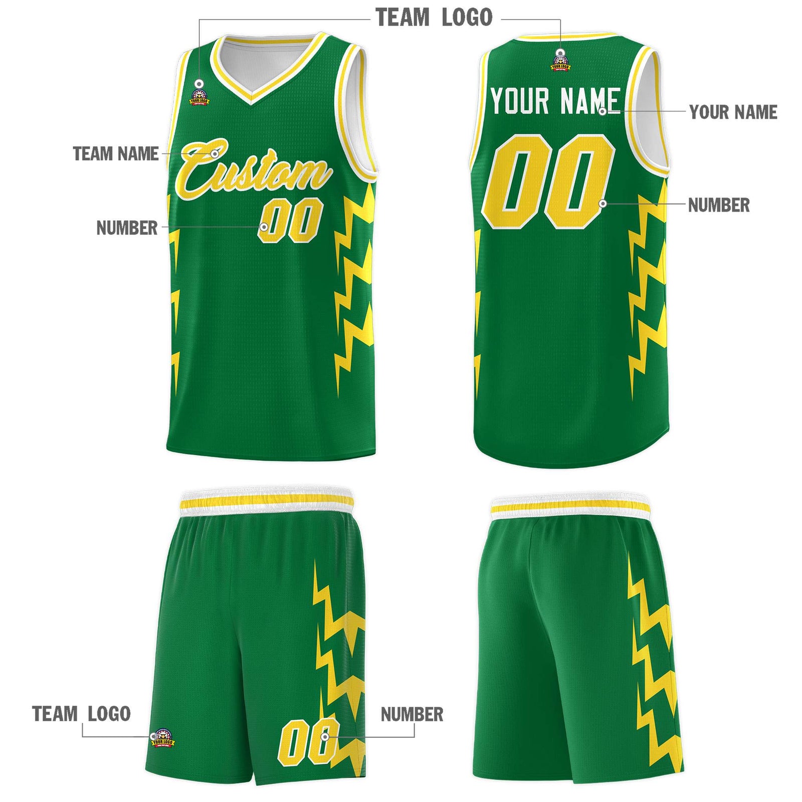 Custom Kelly Green Side Lightning Pattern Sports Uniform Basketball Jersey