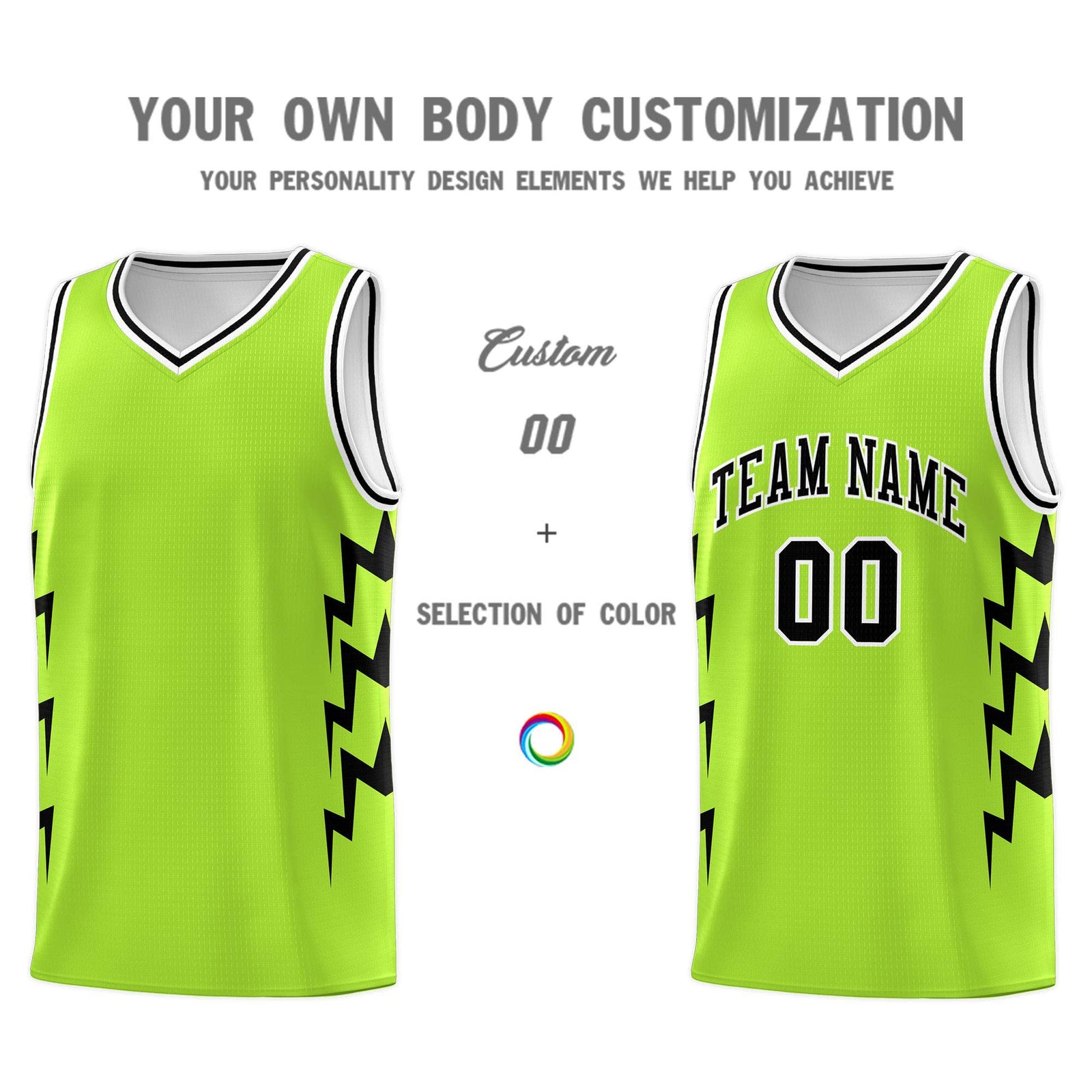 Custom Neon Green Side Lightning Pattern Sports Uniform Basketball Jersey