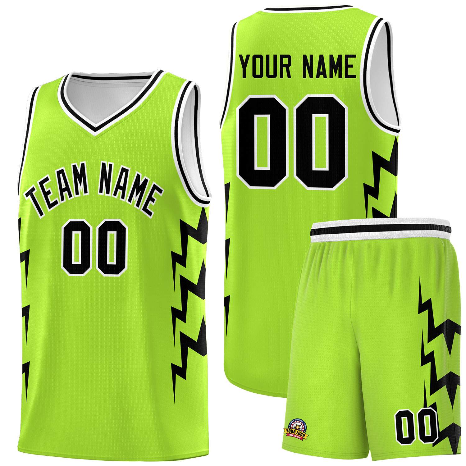 Custom Neon Green Side Lightning Pattern Sports Uniform Basketball Jersey