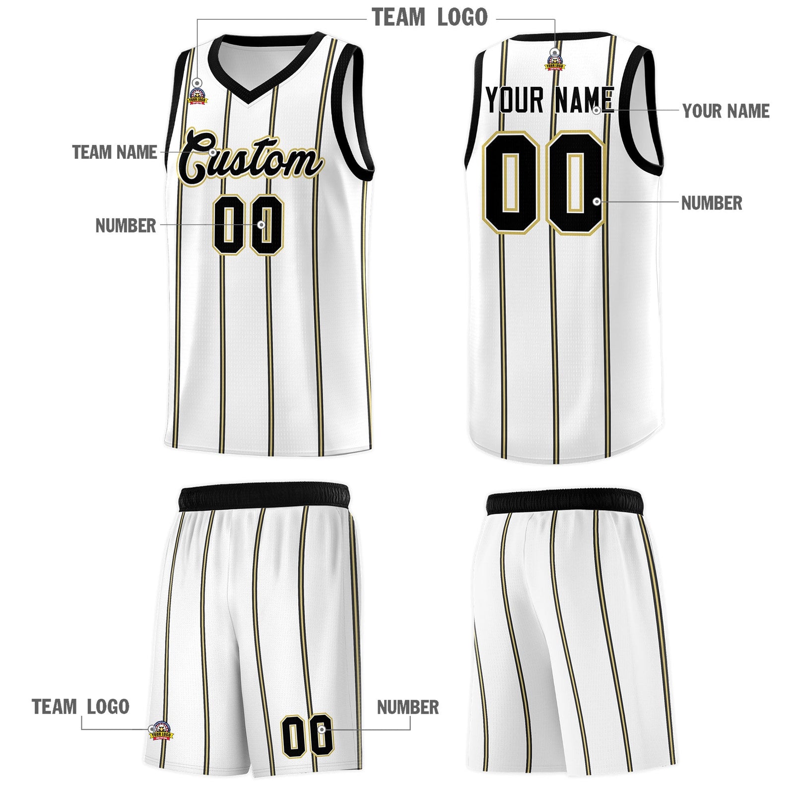 Custom White Black Old Gold Vertical Stripes Single Sided Sets Basketball Jersey | For Men,Stitched,Perfect for Training,Add Name and Numbern | KXKSHOP