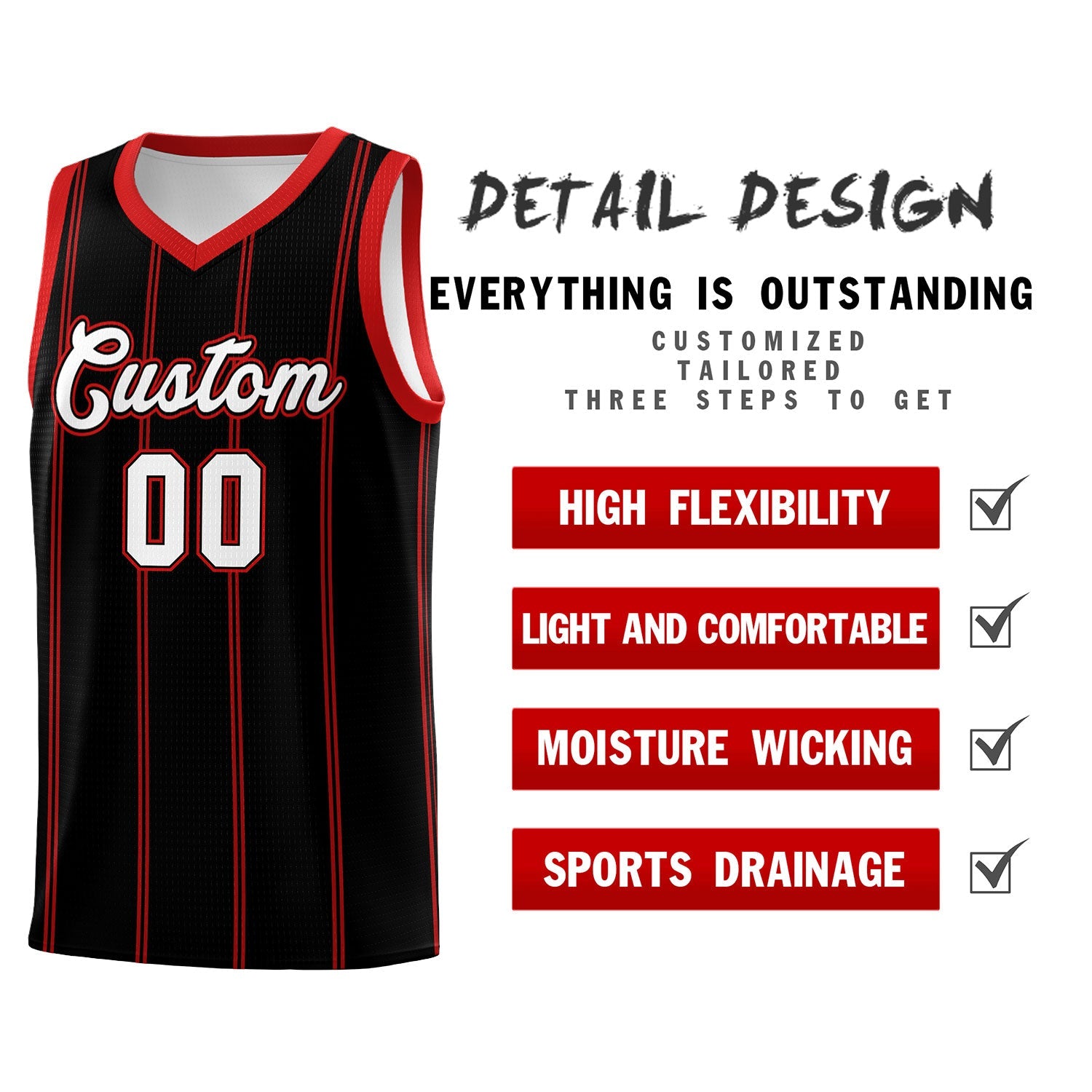 Custom Black Red White Vertical Stripes Single Sided Sets Basketball Jersey | For Men,Stitched,Perfect for Training,Add Name and Numbern | KXKSHOP