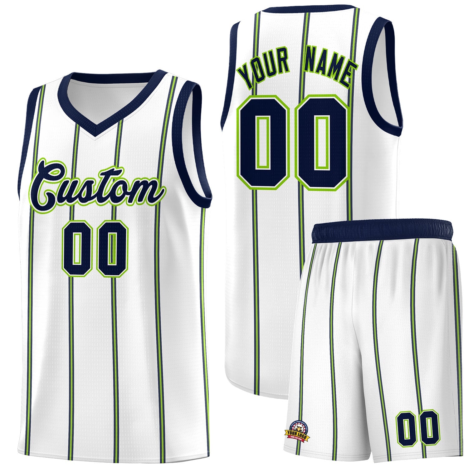 Custom White Navy Neon Green Vertical Stripes Single Sided Sets Basketball Jersey | For Men,Stitched,Perfect for Training,Add Name and Numbern | KXKSHOP
