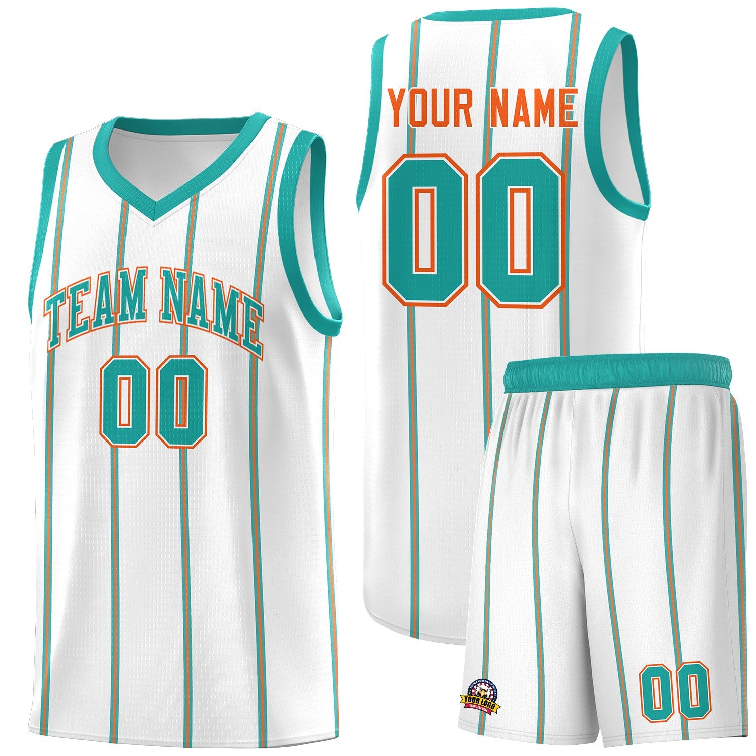 Custom White Aqua Orange Vertical Stripes Single Sided Sets Basketball Jersey | For Men,Stitched,Perfect for Training,Add Name and Numbern | KXKSHOP