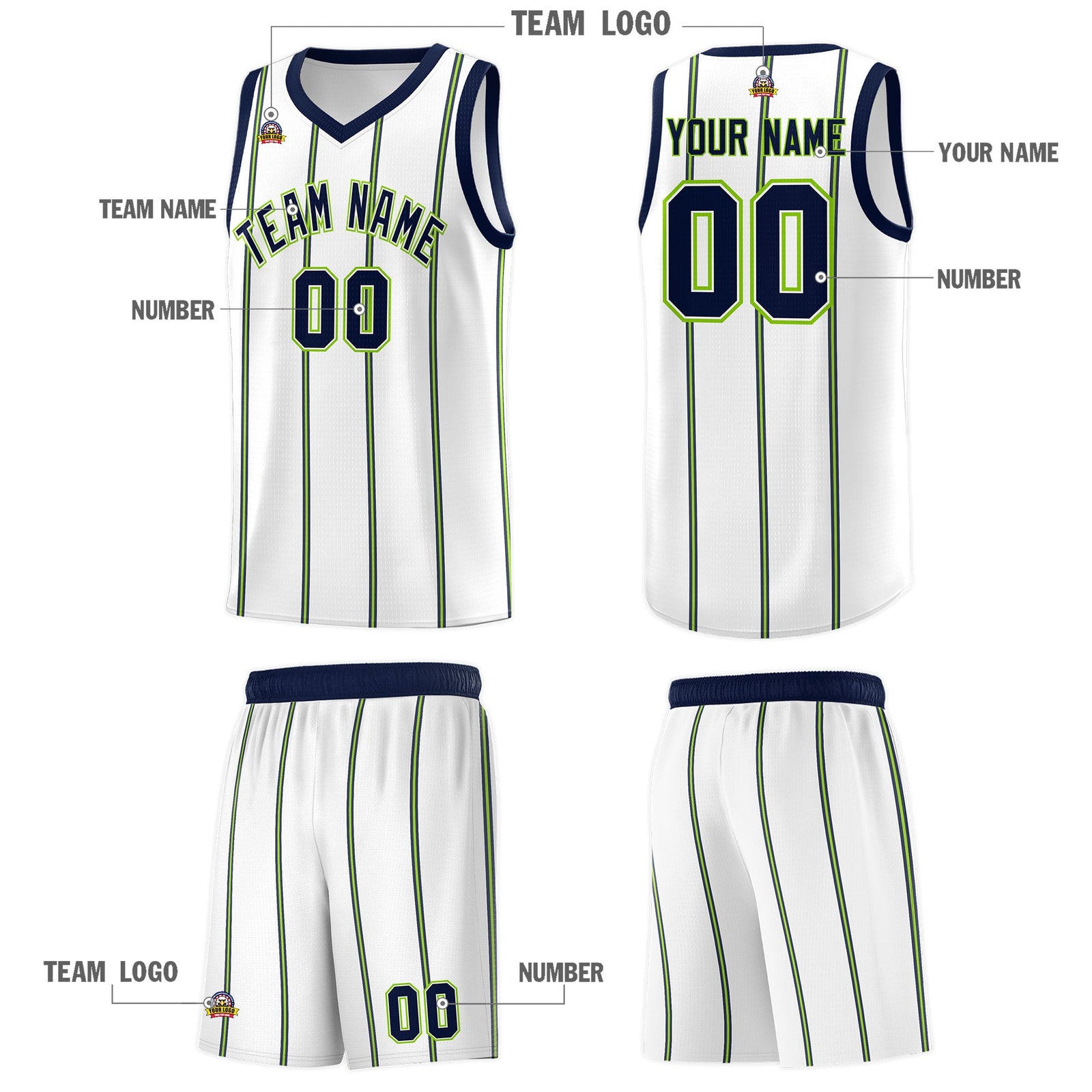 Custom White Navy Neon Green Vertical Stripes Single Sided Sets Basketball Jersey | For Men,Stitched,Perfect for Training,Add Name and Numbern | KXKSHOP