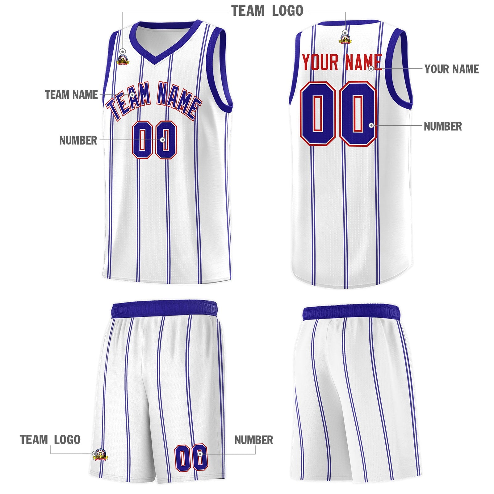 Custom White Royal Blue Red Vertical Stripes Single Sided Sets Basketball Jersey | For Men,Stitched,Perfect for Training,Add Name and Numbern | KXKSHOP