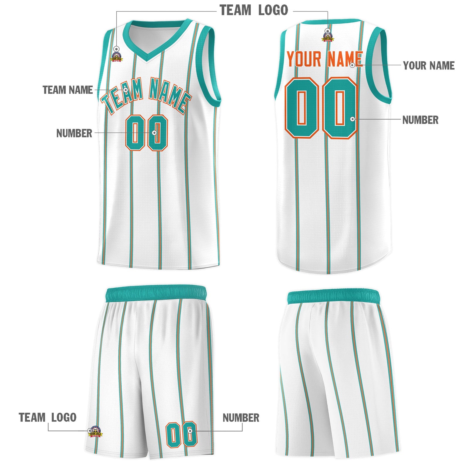 Custom White Aqua Orange Vertical Stripes Single Sided Sets Basketball Jersey | For Men,Stitched,Perfect for Training,Add Name and Numbern | KXKSHOP