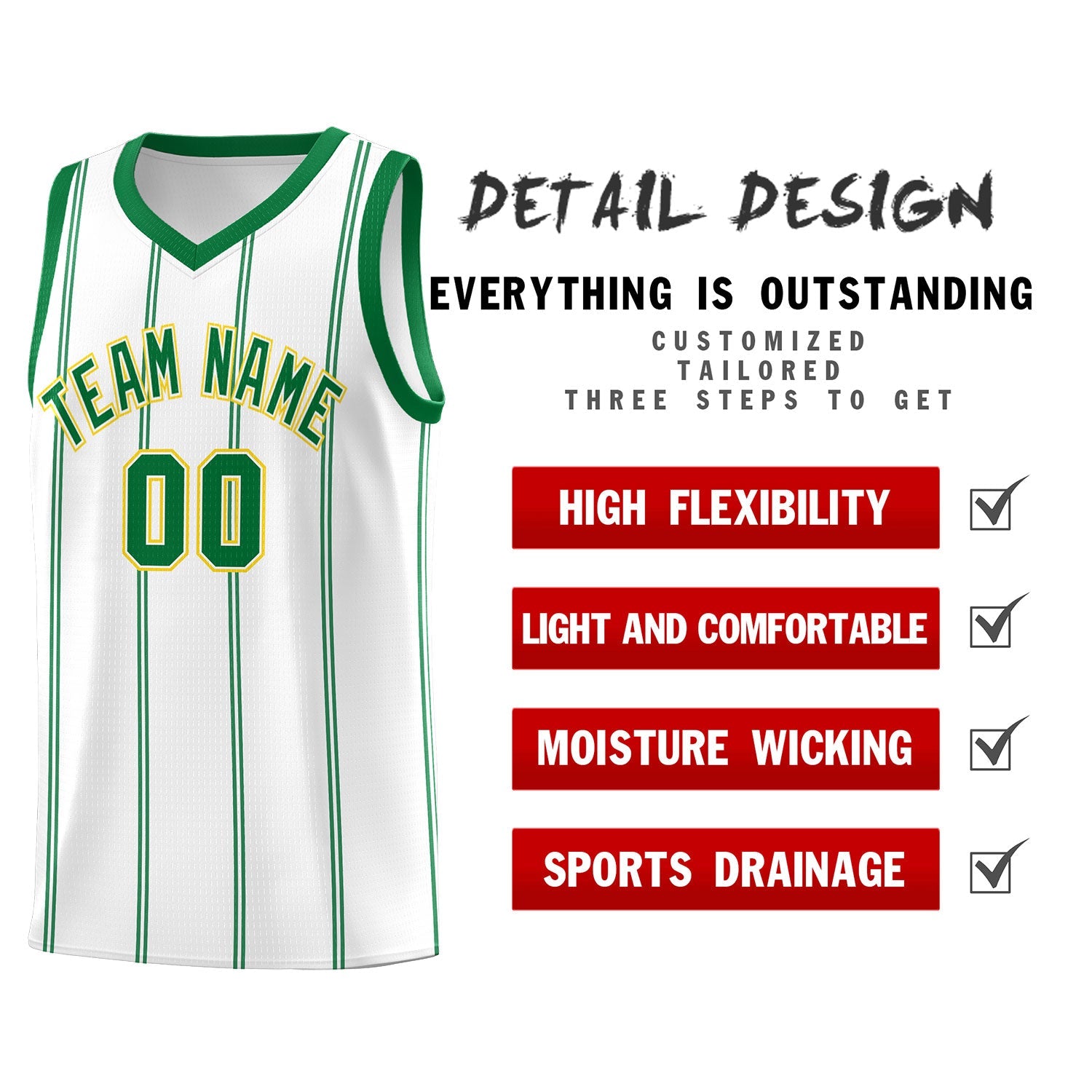 Custom White Kelly Green Gold Vertical Stripes Single Sided Sets Basketball Jersey | For Men,Stitched,Perfect for Training,Add Name and Numbern | KXKSHOP