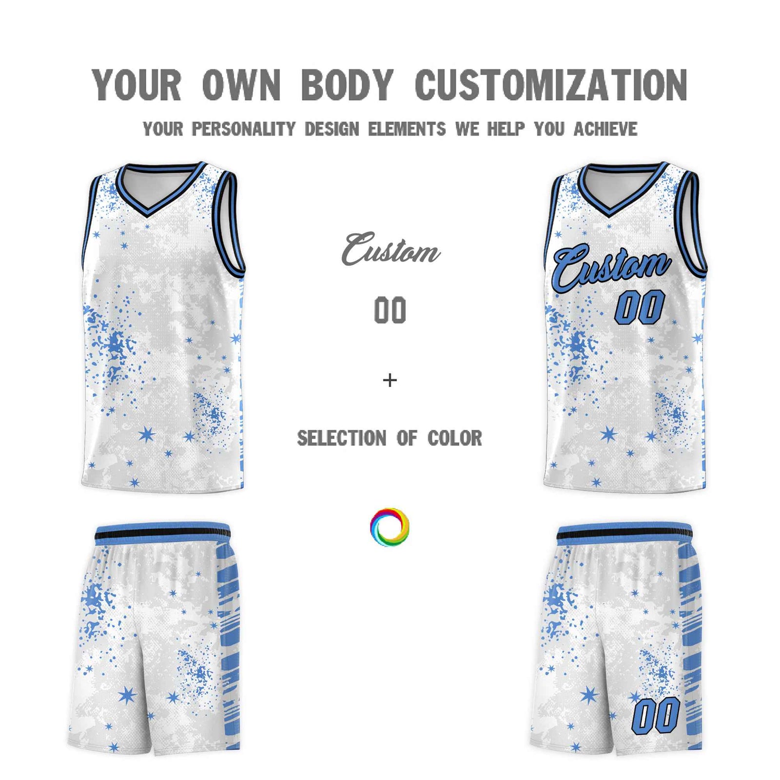 Custom White Powder Blue Vice Burst Galactic Graffiti Quick-Drying Basketball Jersey