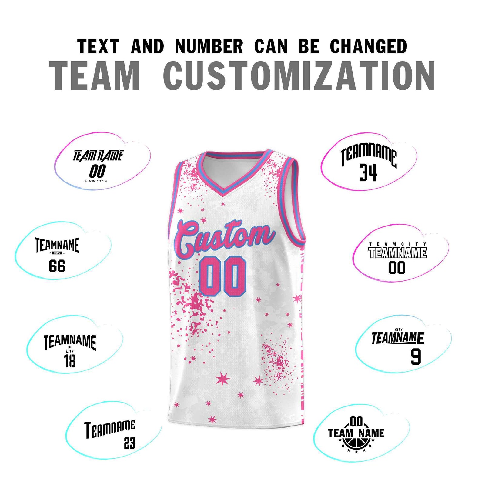 Custom Pink Powder Blue Vice Burst Galactic Graffiti Sublimation Printing Basketball Jersey