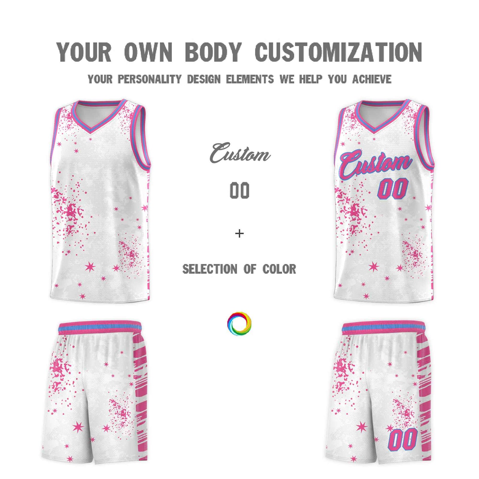 Custom Pink Powder Blue Vice Burst Galactic Graffiti Sublimation Printing Basketball Jersey