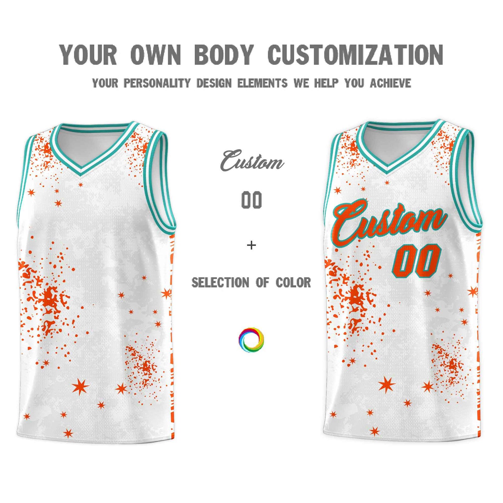 Custom Orange Aqua Vice Burst Galactic Graffiti Quick-Drying Basketball Jersey