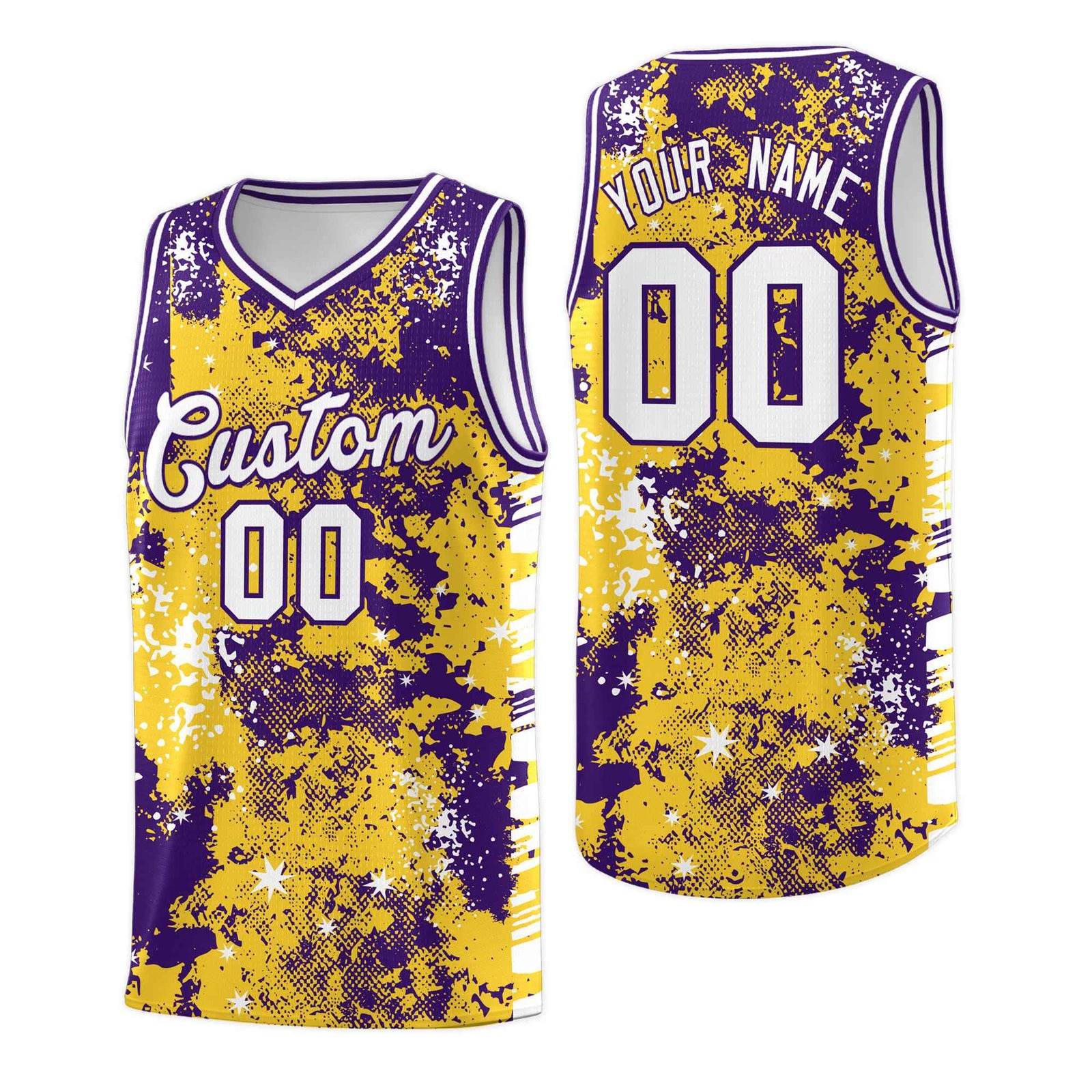 Custom Gold Purple Vice Burst Galactic Graffiti Drapable Basketball Jersey