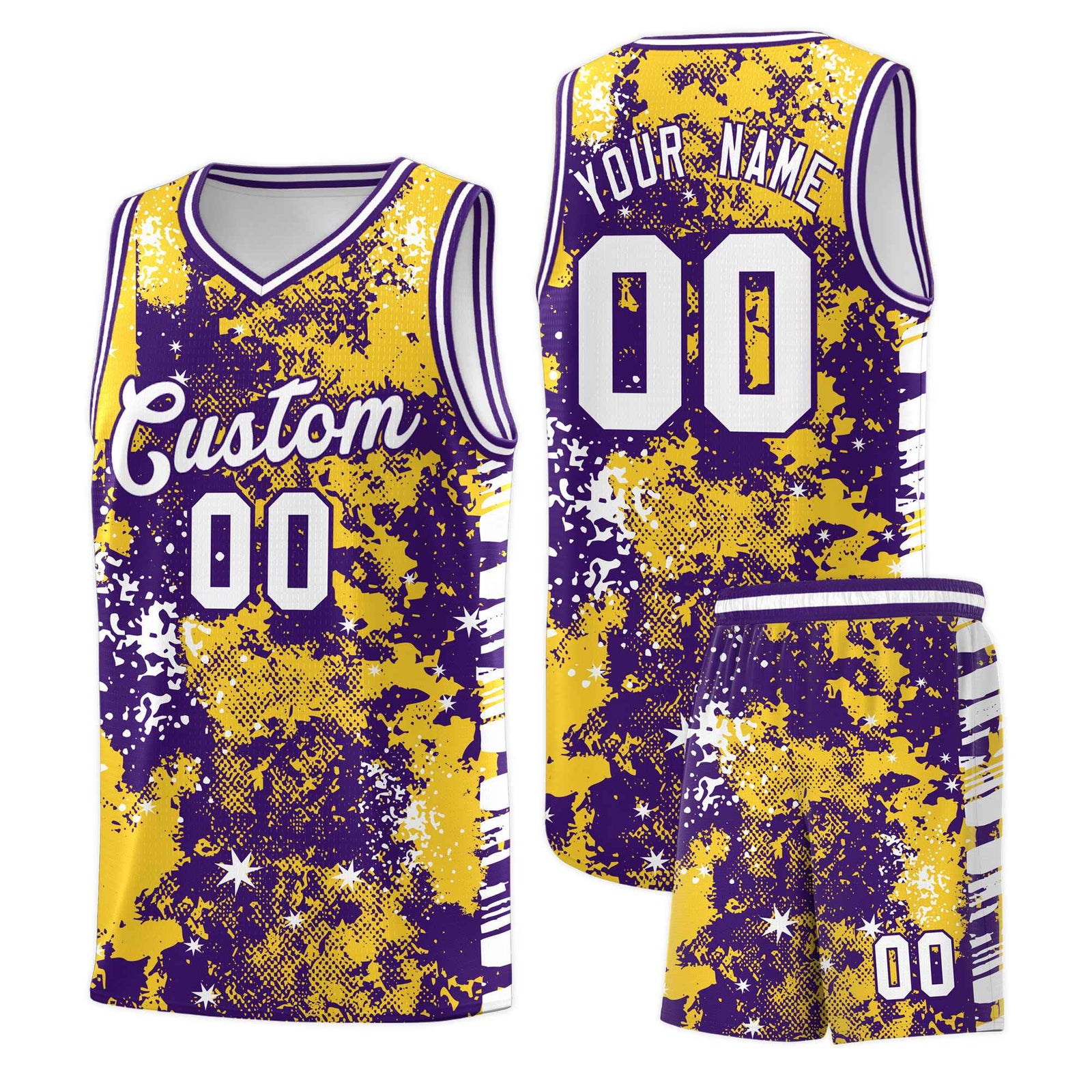 Custom Gold Purple Vice Burst Galactic Graffiti Sublimation Printing Basketball Jersey