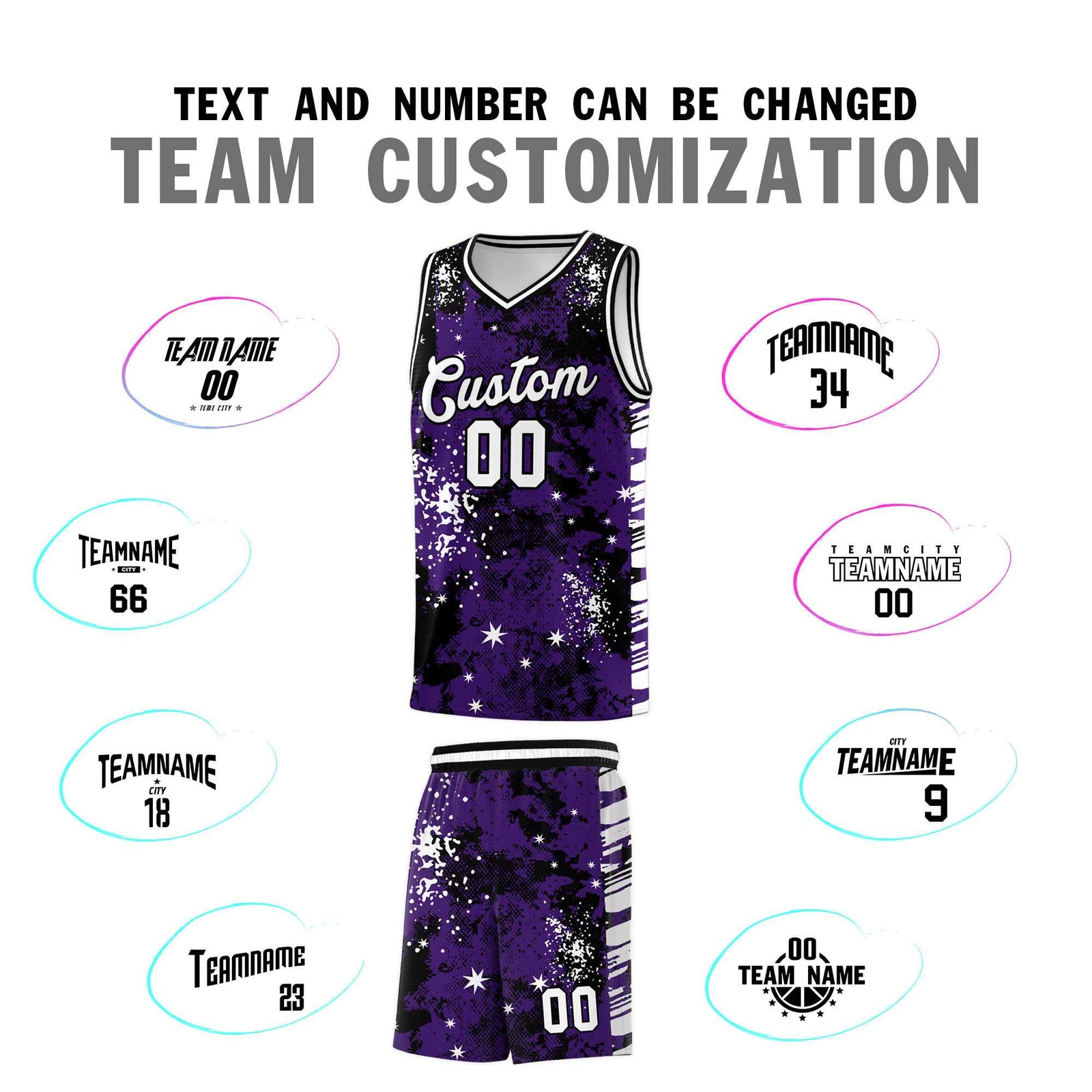 Custom Purple Black Vice Burst Galactic Graffiti Stretch Fabric Basketball Jersey