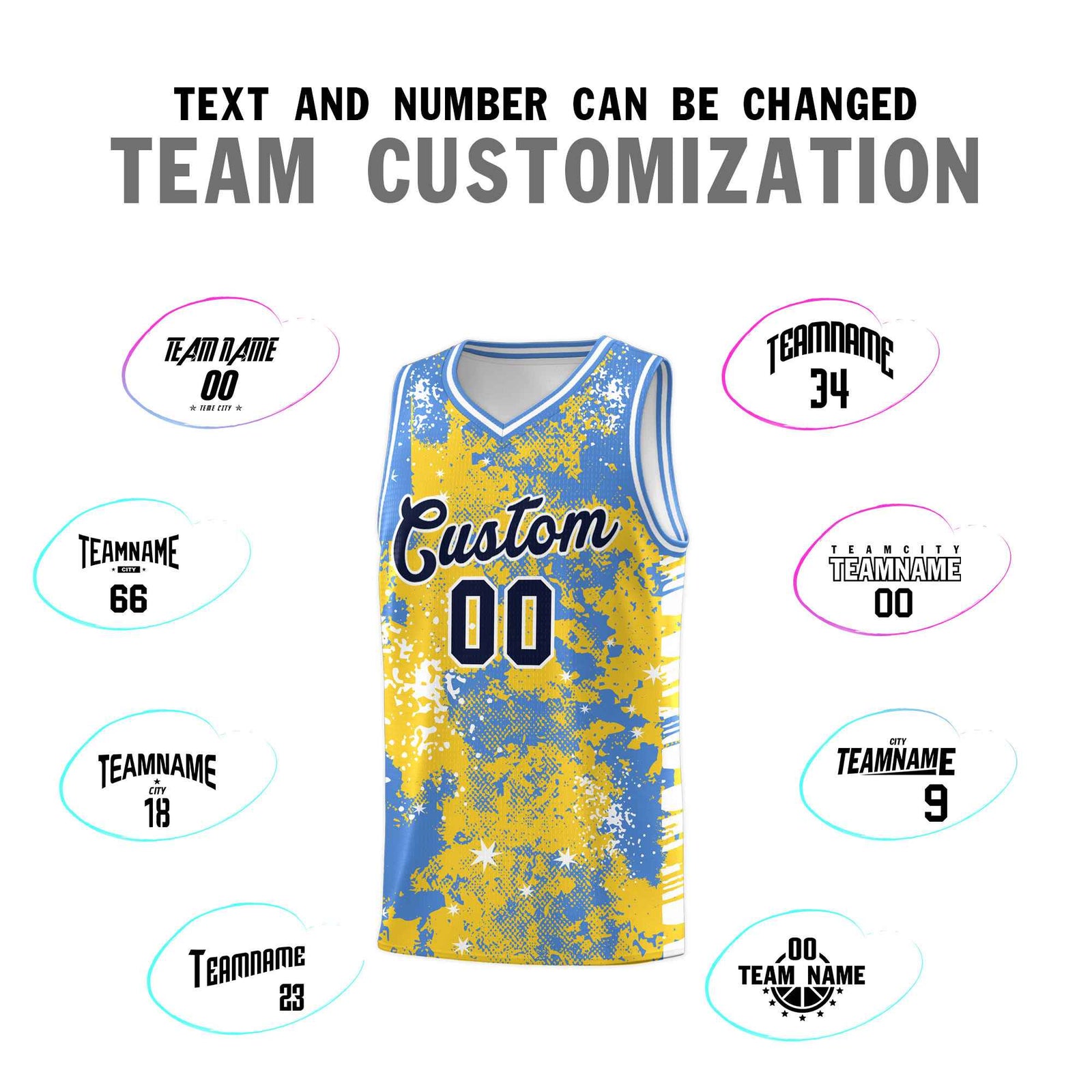 Custom Gold Powder Blue Vice Burst Galactic Graffiti Stretch Fabric Basketball Jersey