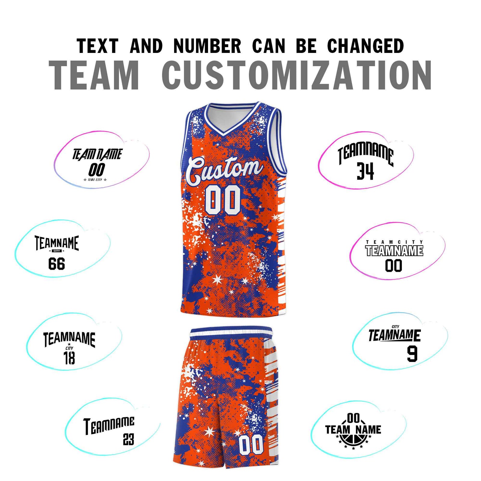 Custom Orange Royal Blue Vice Burst Galactic Graffiti Moisture-Wicking Basketball Jersey