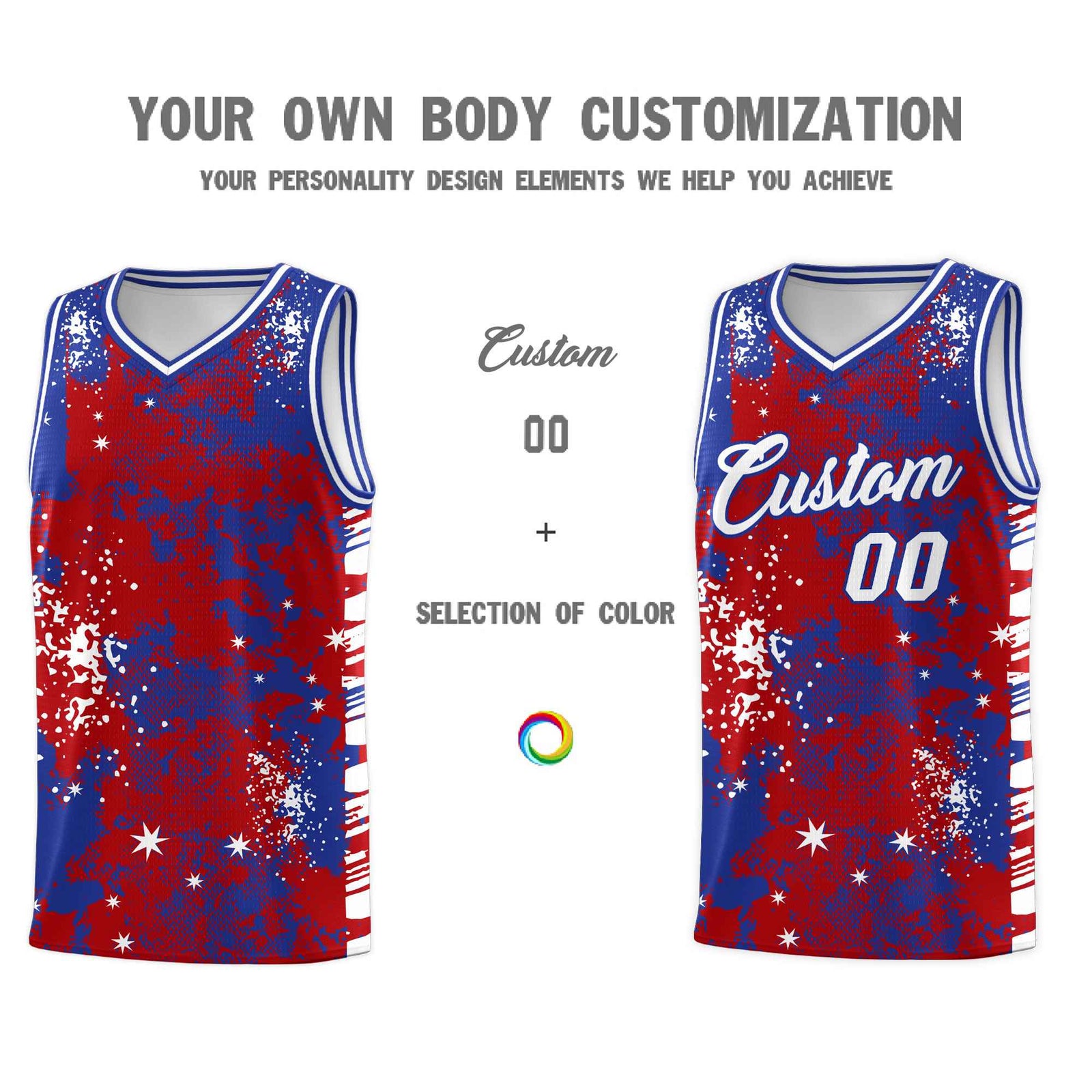 Custom Red Royal Blue Vice Burst Galactic Graffiti Wrinkle-Resistant Basketball Jersey