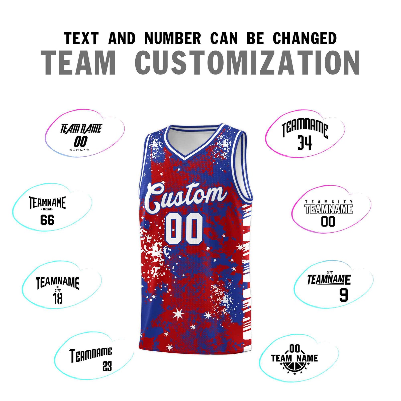 Custom Red Royal Blue Vice Burst Galactic Graffiti Wrinkle-Resistant Basketball Jersey