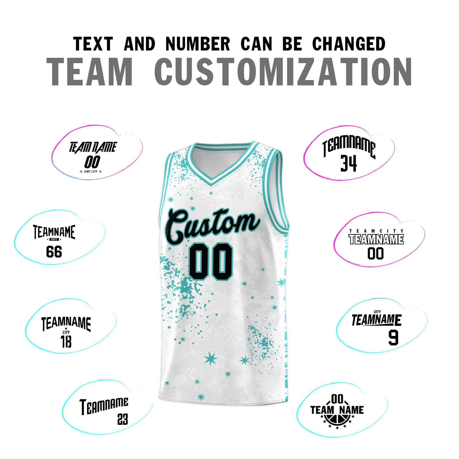Custom White Light Teal Vice Burst Galactic Graffiti Sublimation Printing Basketball Jersey