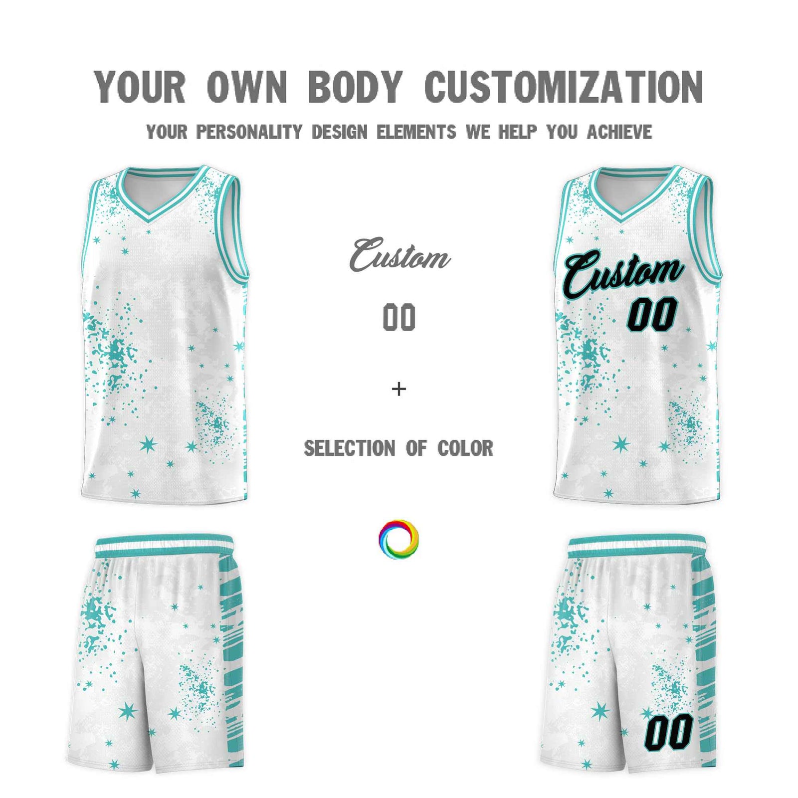 Custom White Light Teal Vice Burst Galactic Graffiti Sublimation Printing Basketball Jersey