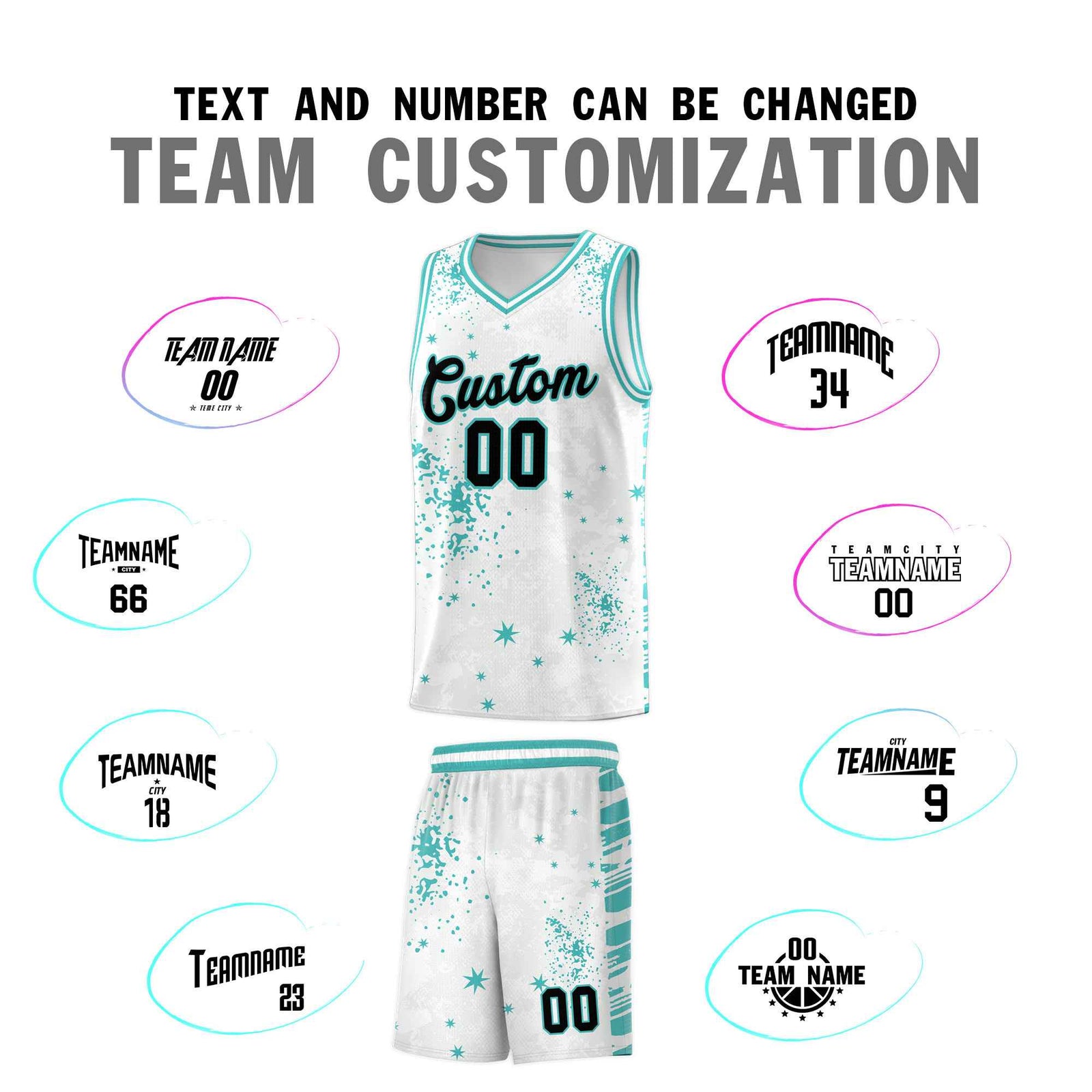 Custom White Light Teal Vice Burst Galactic Graffiti Sublimation Printing Basketball Jersey