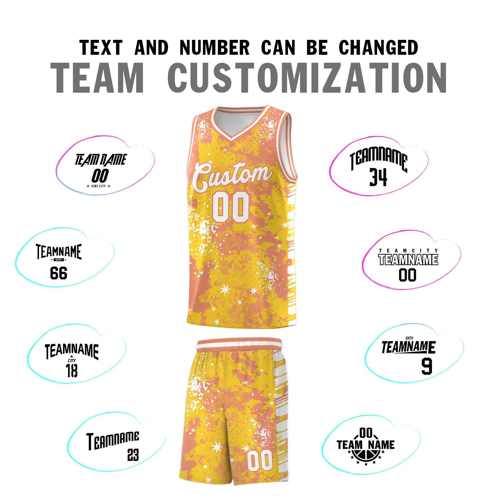 Custom Gold Light Orange Vice Burst Galactic Graffiti Stretch Fabric Basketball Jersey