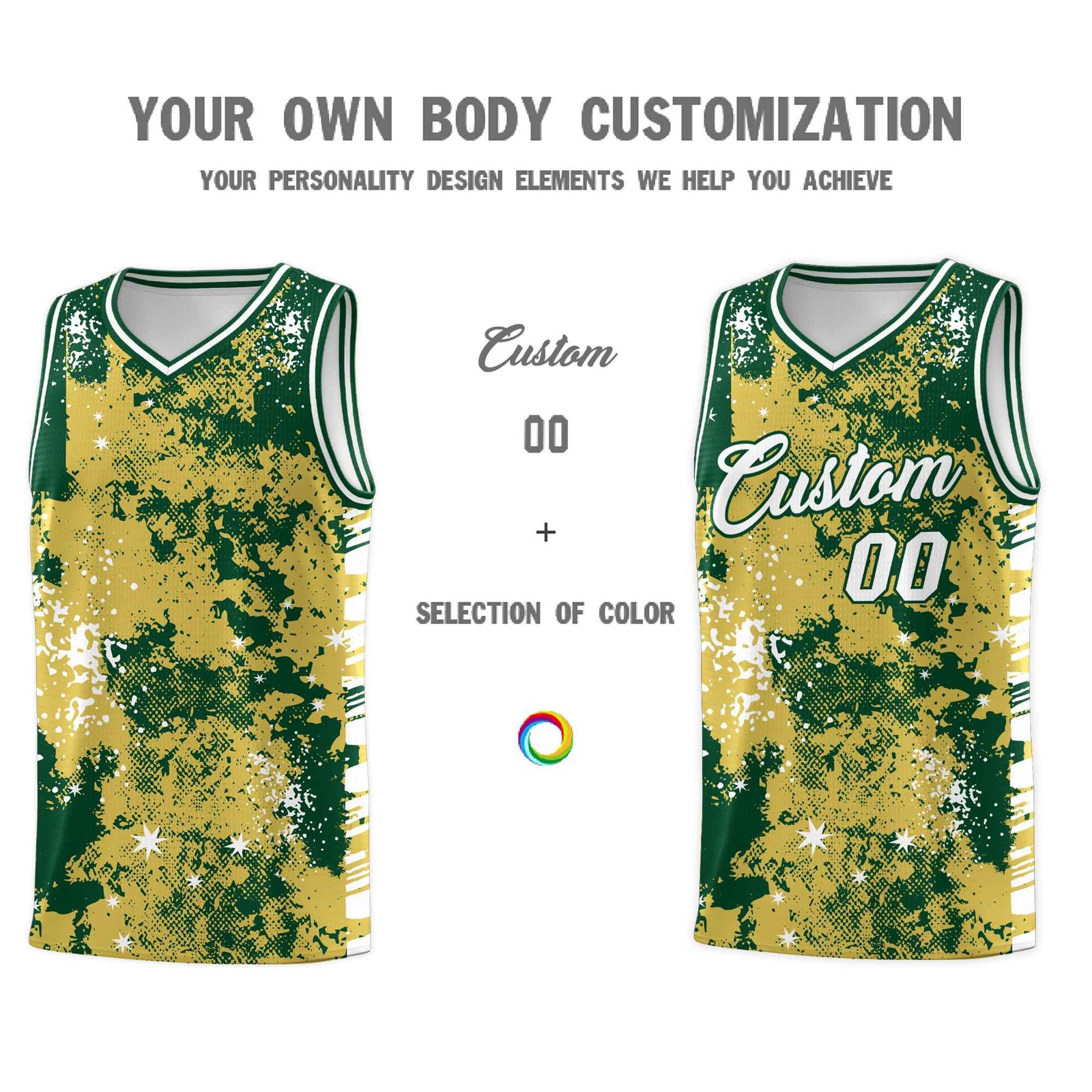 Custom Old Gold Kelly Green Vice Burst Galactic Graffiti Moisture-Wicking Basketball Jersey