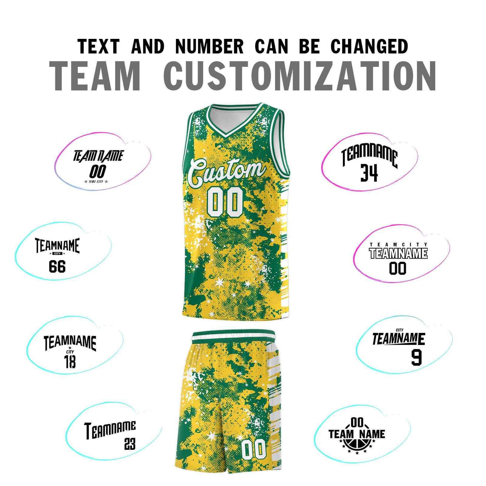 Custom Gold Kelly Green Vice Burst Galactic Graffiti Wrinkle-Resistant Basketball Jersey