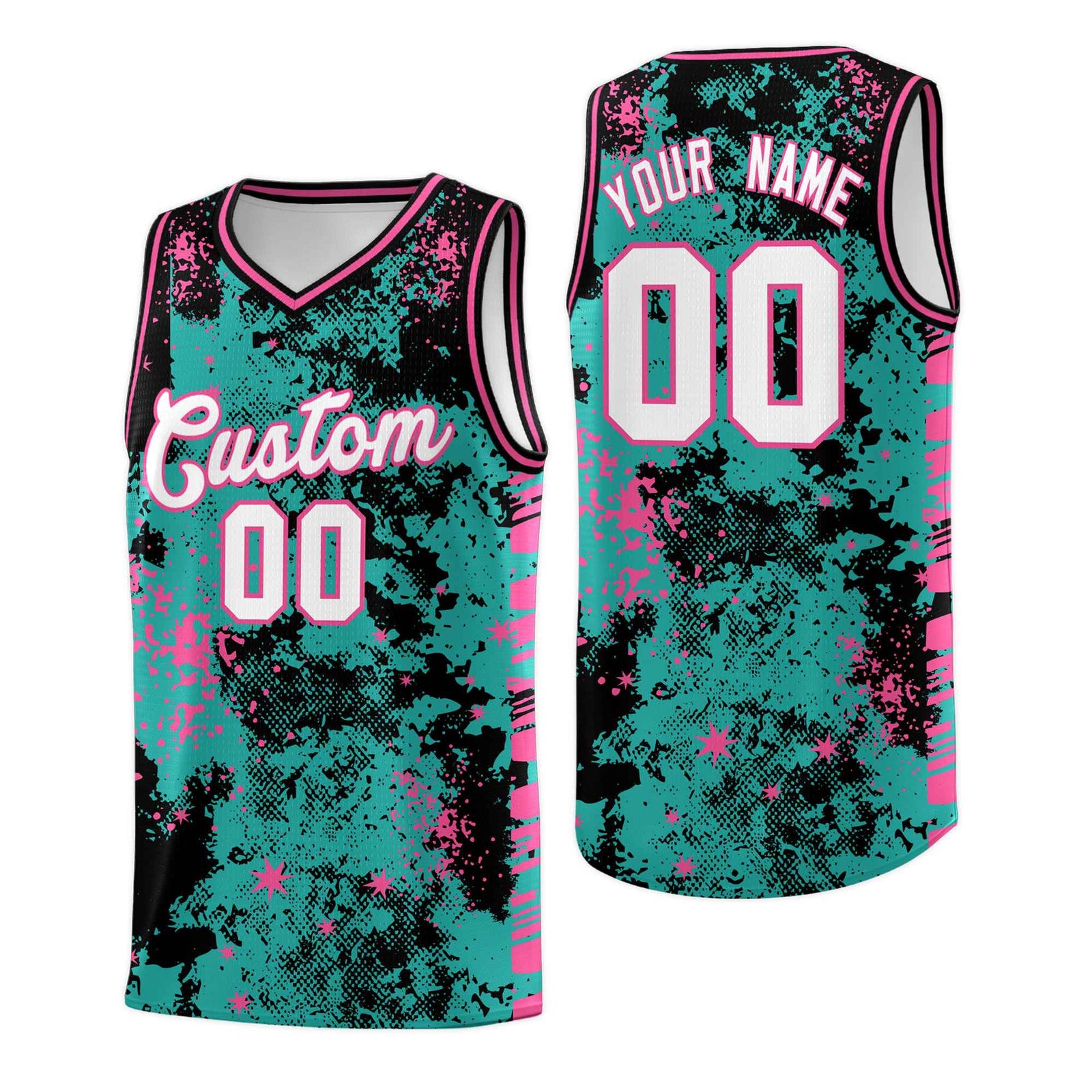 Custom Aqua Black Vice Burst Galactic Graffiti Drapable Basketball Jersey
